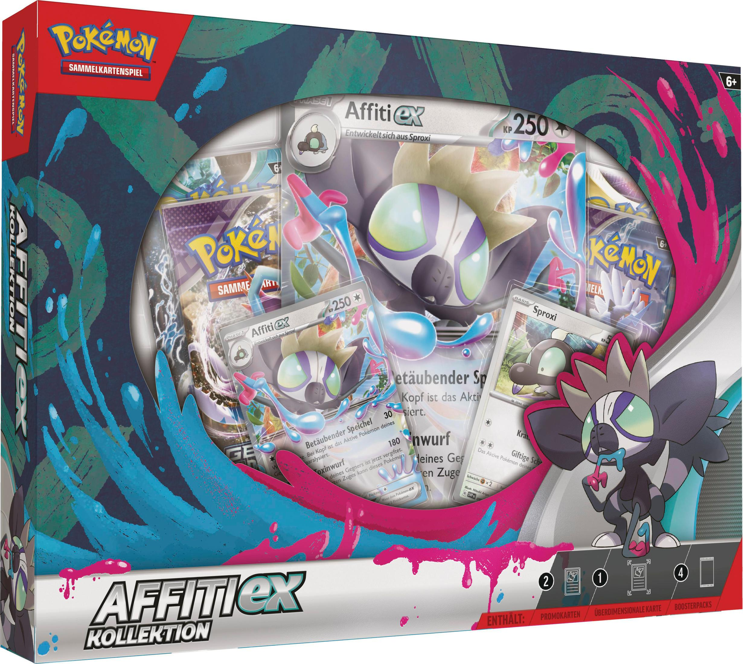 Pokemon-Kartenset-Box. Enthält Karten mit verschiedenen Charakteren und Kunst. Die Box ist bunt.