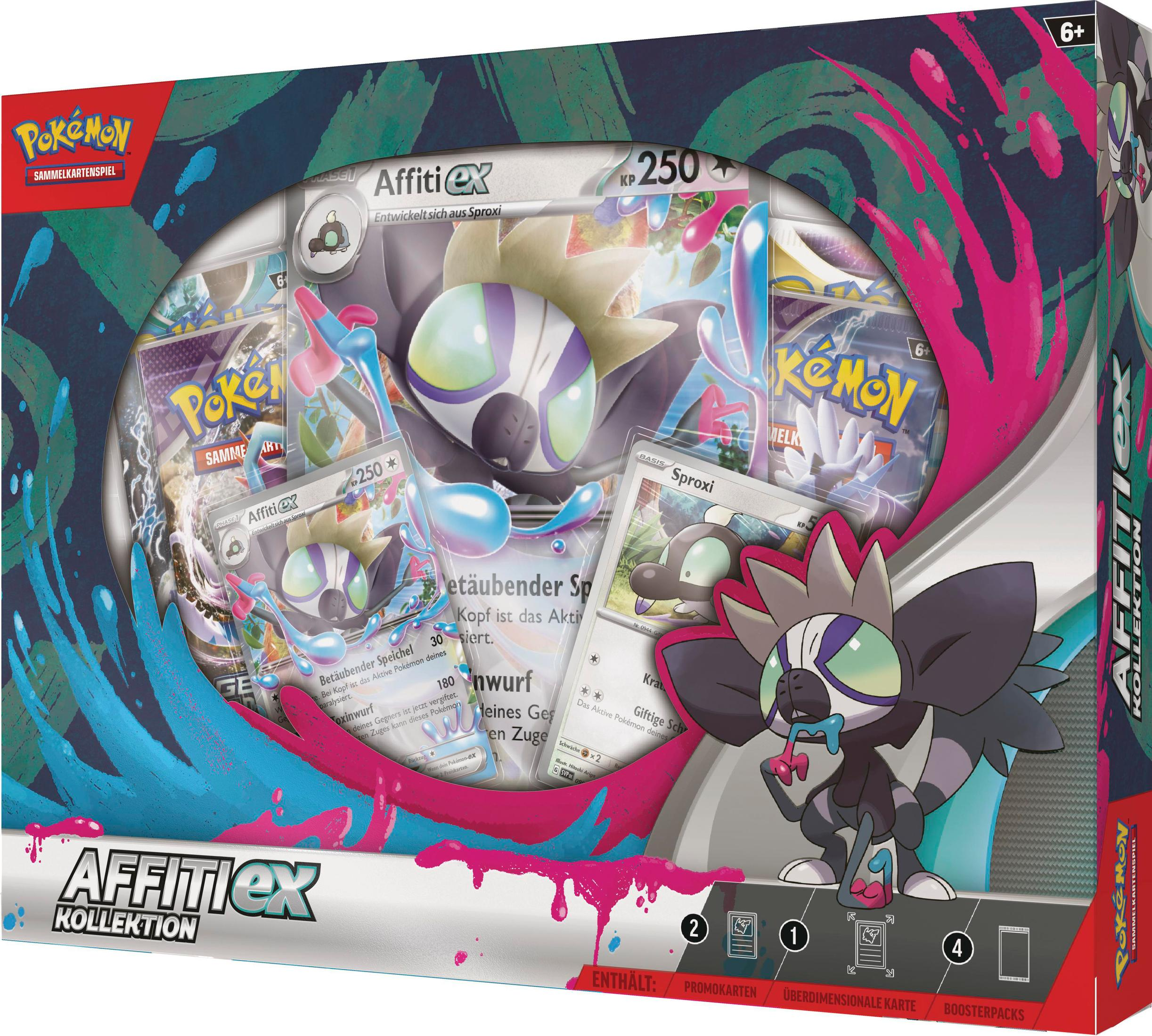 Pokémon-Kartenspiel-Box mit verschiedenen Karten. Die Box zeigt Pokémon-Charaktere und das Wort 'Affi ex'.