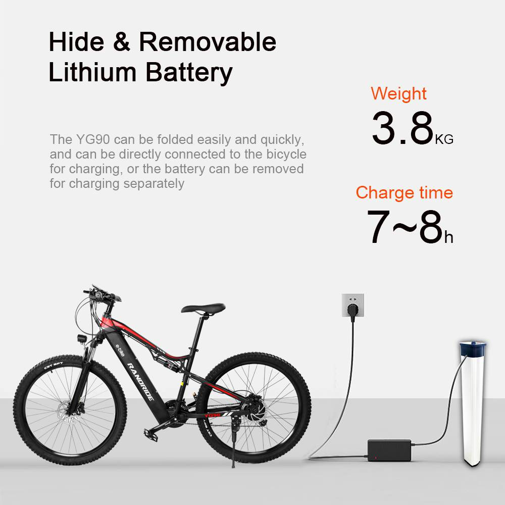 Ein E-Bike, das geladen wird. Das Fahrrad ist schwarz und rot mit einem Ladekabel.