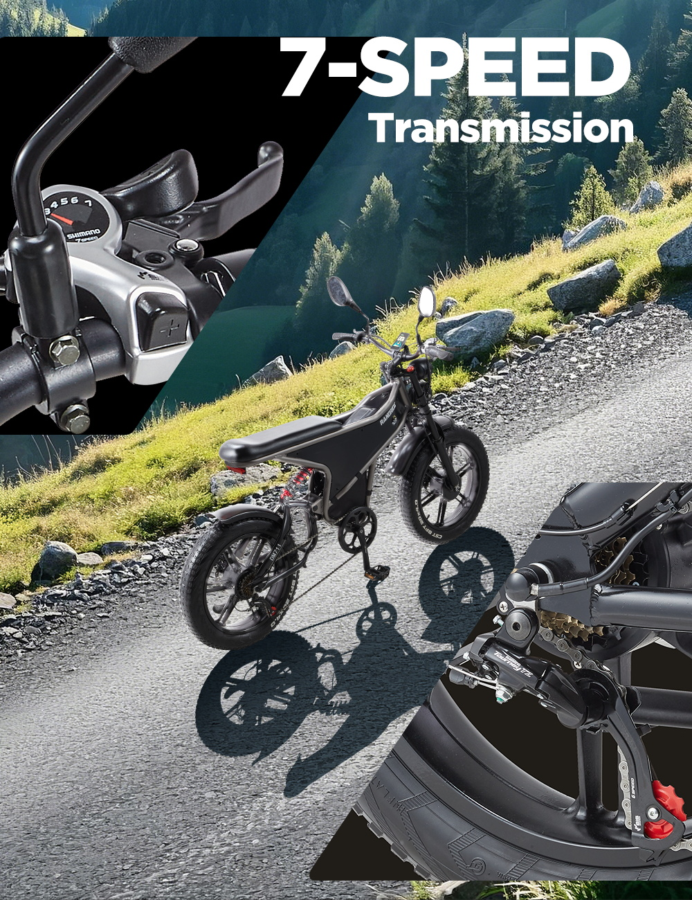 Motocicleta en una carretera de montaña, con primeros planos del sistema de transmisión de 7 velocidades y el paisaje montañoso.