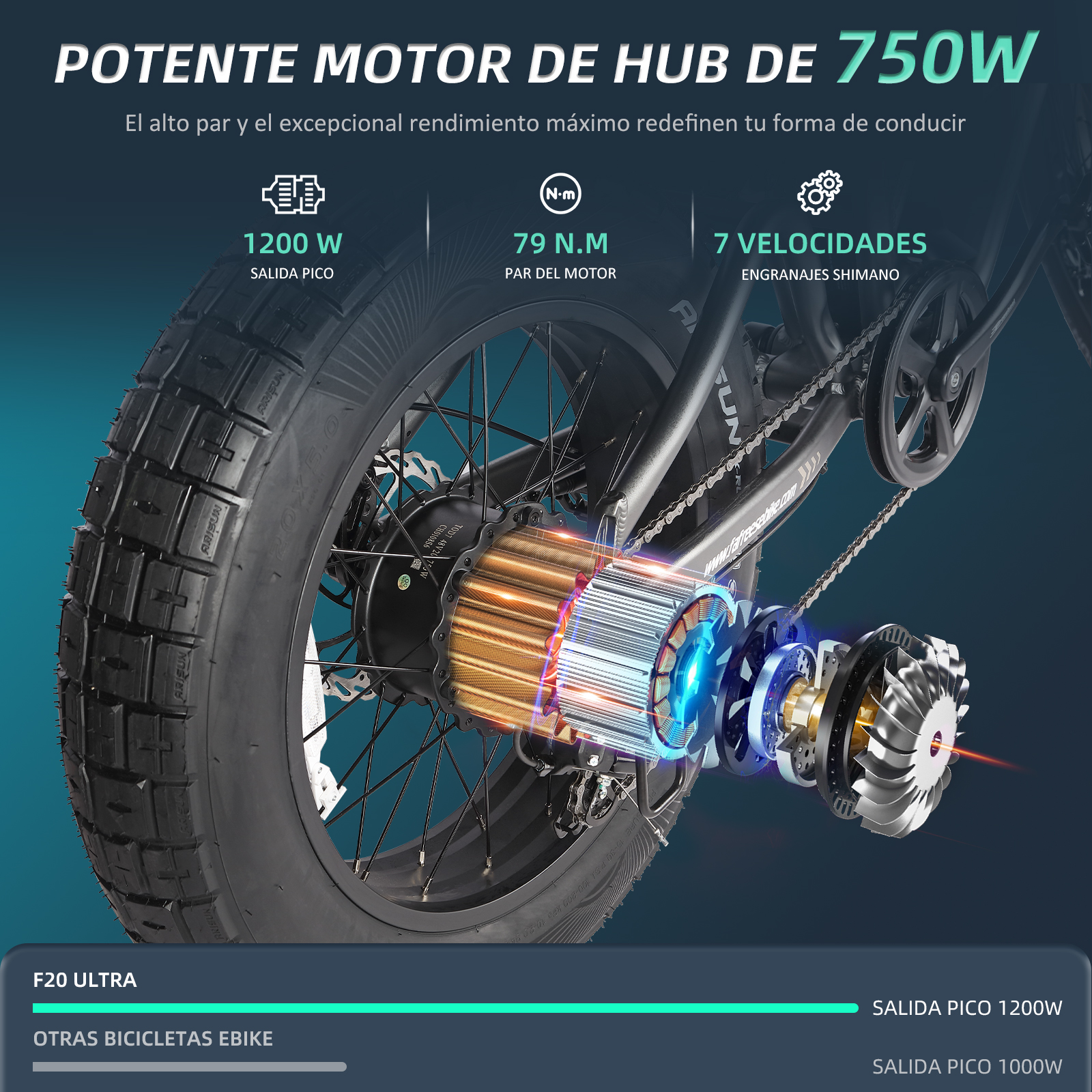 Primer plano de una rueda de bicicleta con texto. Muestra la salida del motor y los detalles de los engranajes.
