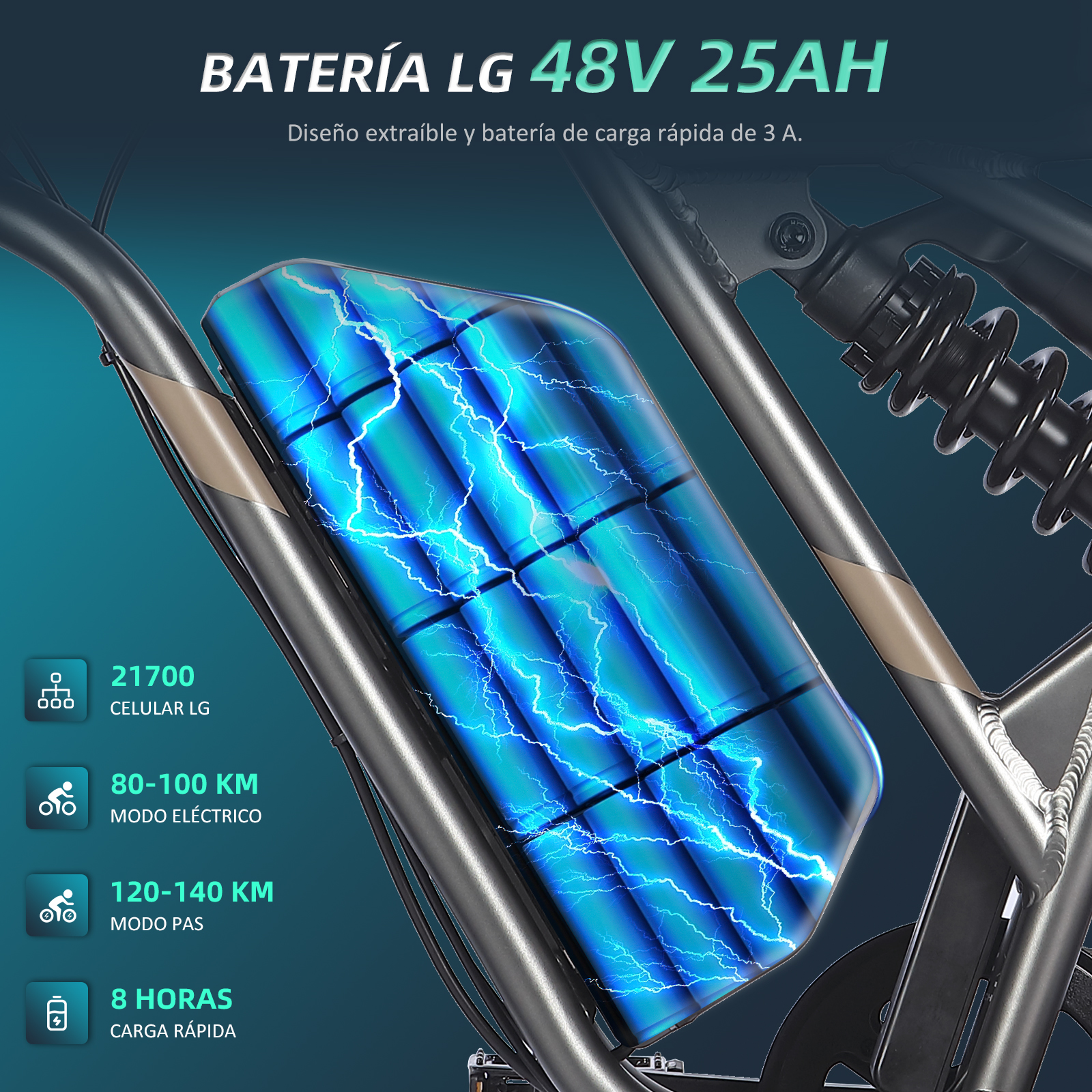 Batería de bicicleta eléctrica azul y negra. Texto en español describe las funciones.