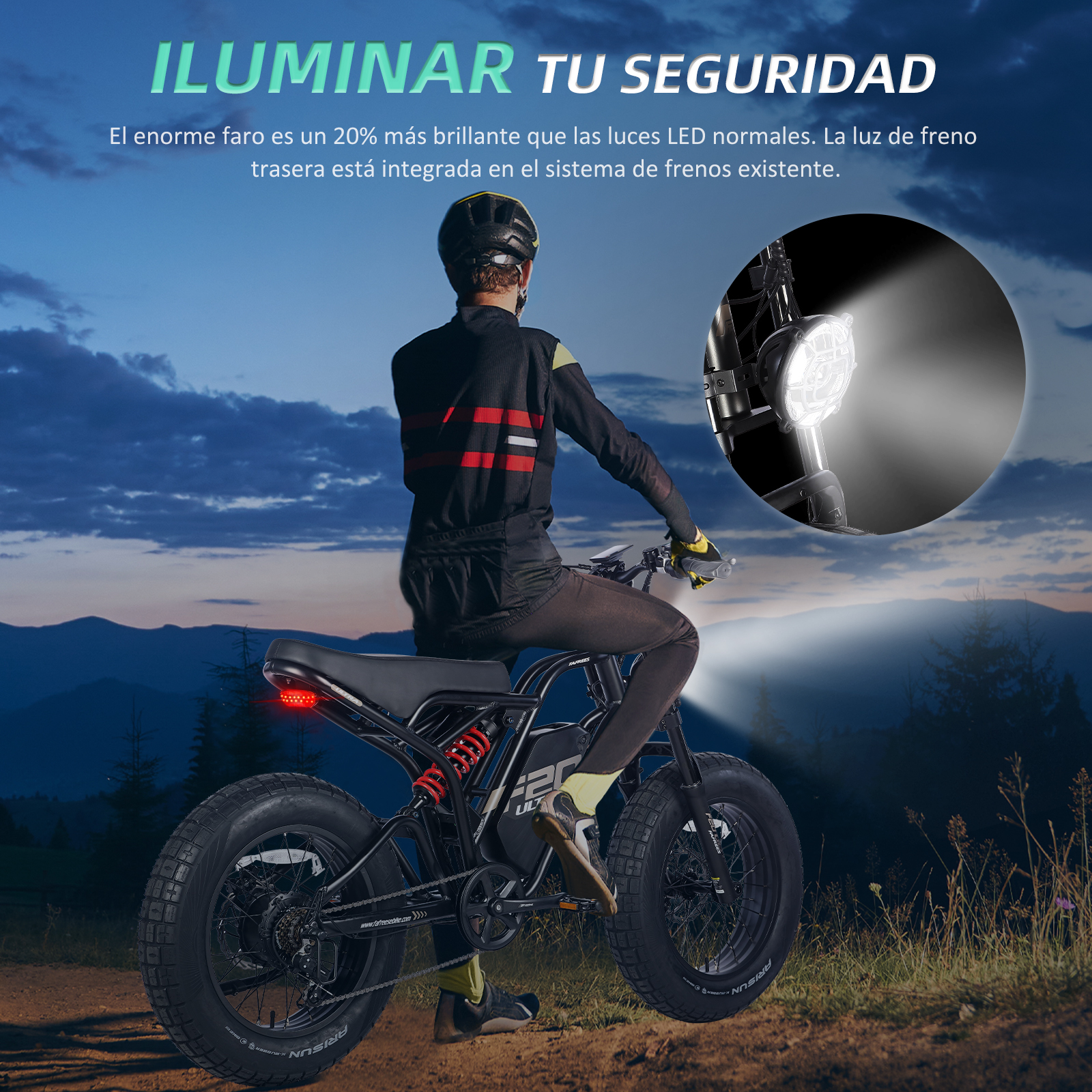 Persona montando una bicicleta eléctrica negra con un faro brillante en un camino de tierra. El texto dice 'Illuminar tu seguridad'.