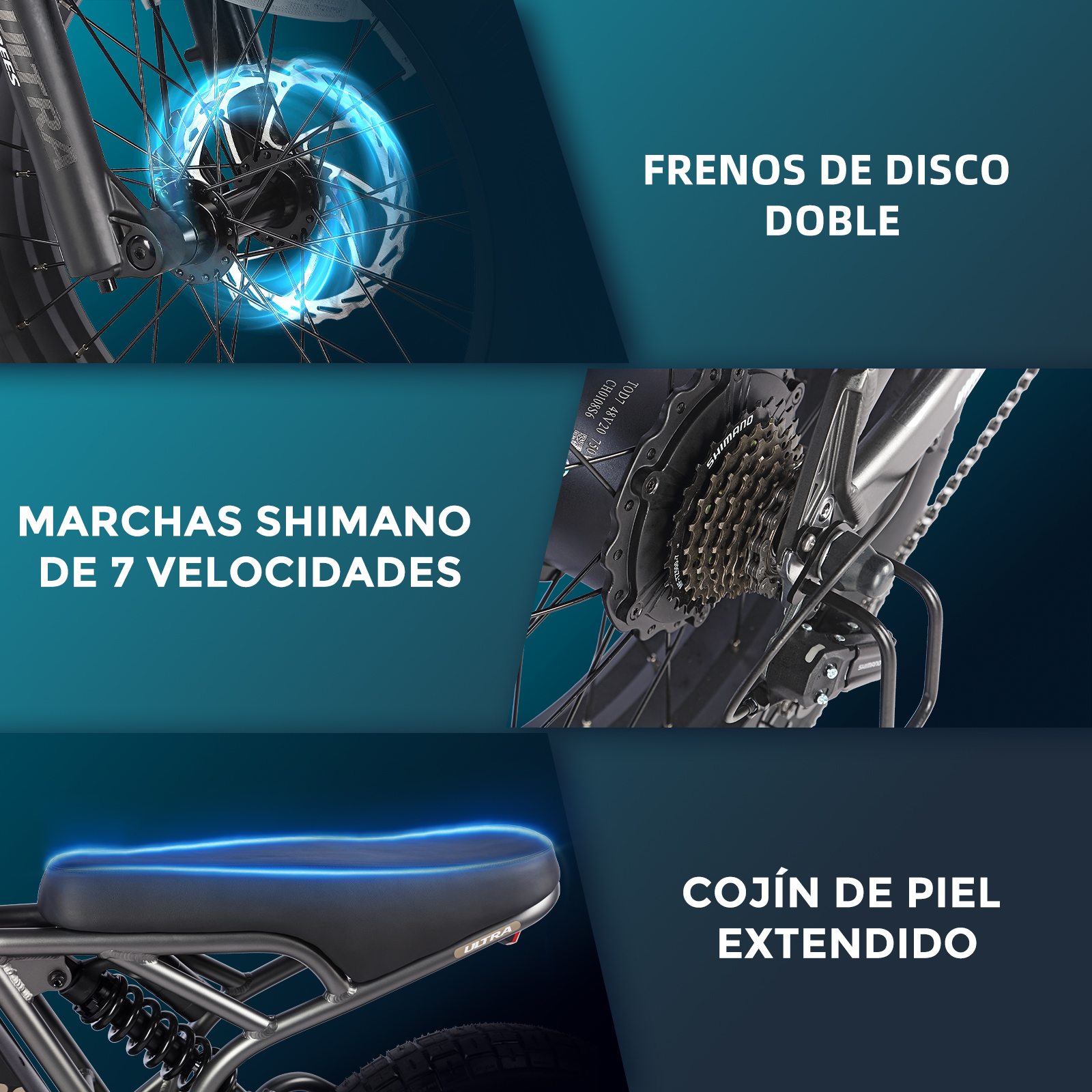 Primer plano de una bicicleta con frenos de disco, cambios Shimano y asiento de cuero extendido.