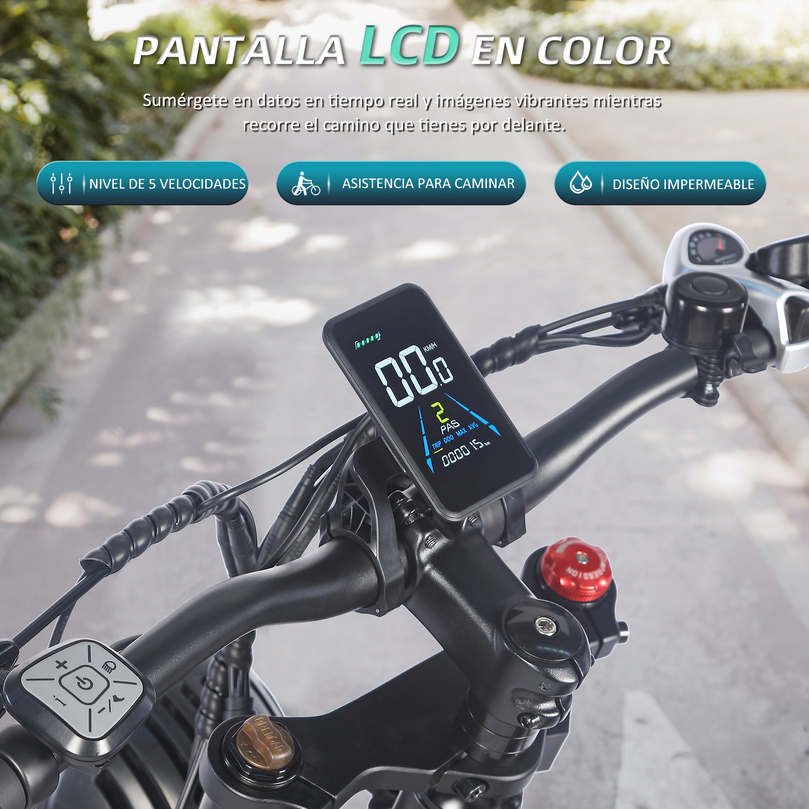 Panel de bicicleta eléctrica mostrando velocidad, nivel PAS y distancia. Manillar y controles visibles.