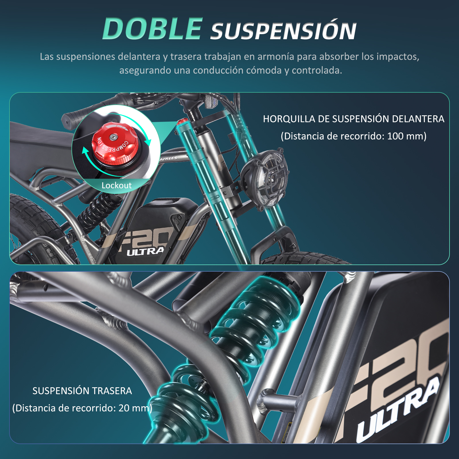 Primer plano del sistema de suspensión de una bicicleta eléctrica, mostrando detalles de resortes delanteros y traseros.