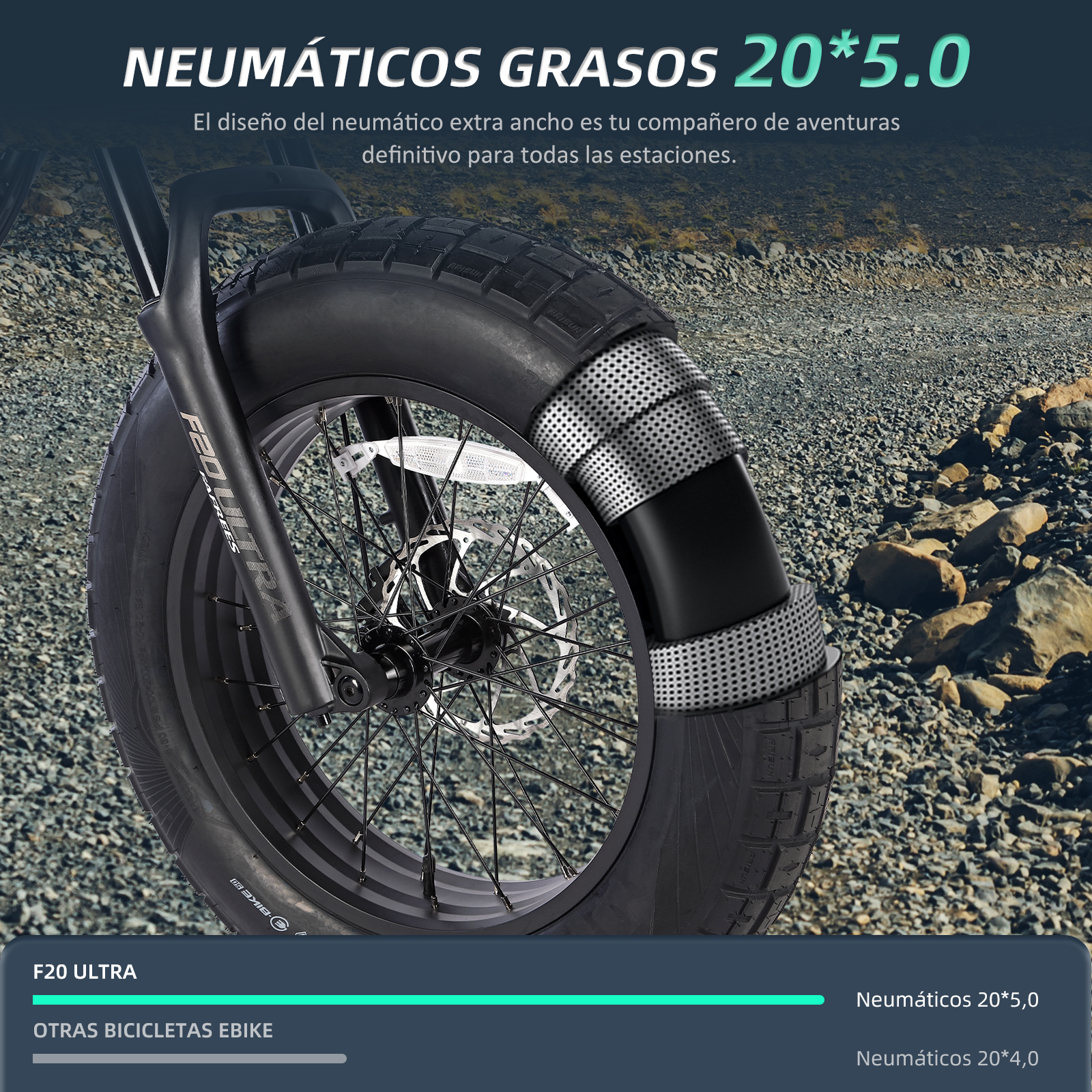 Primer plano de neumático de bicicleta, con banda metálica, sobre fondo negro.
