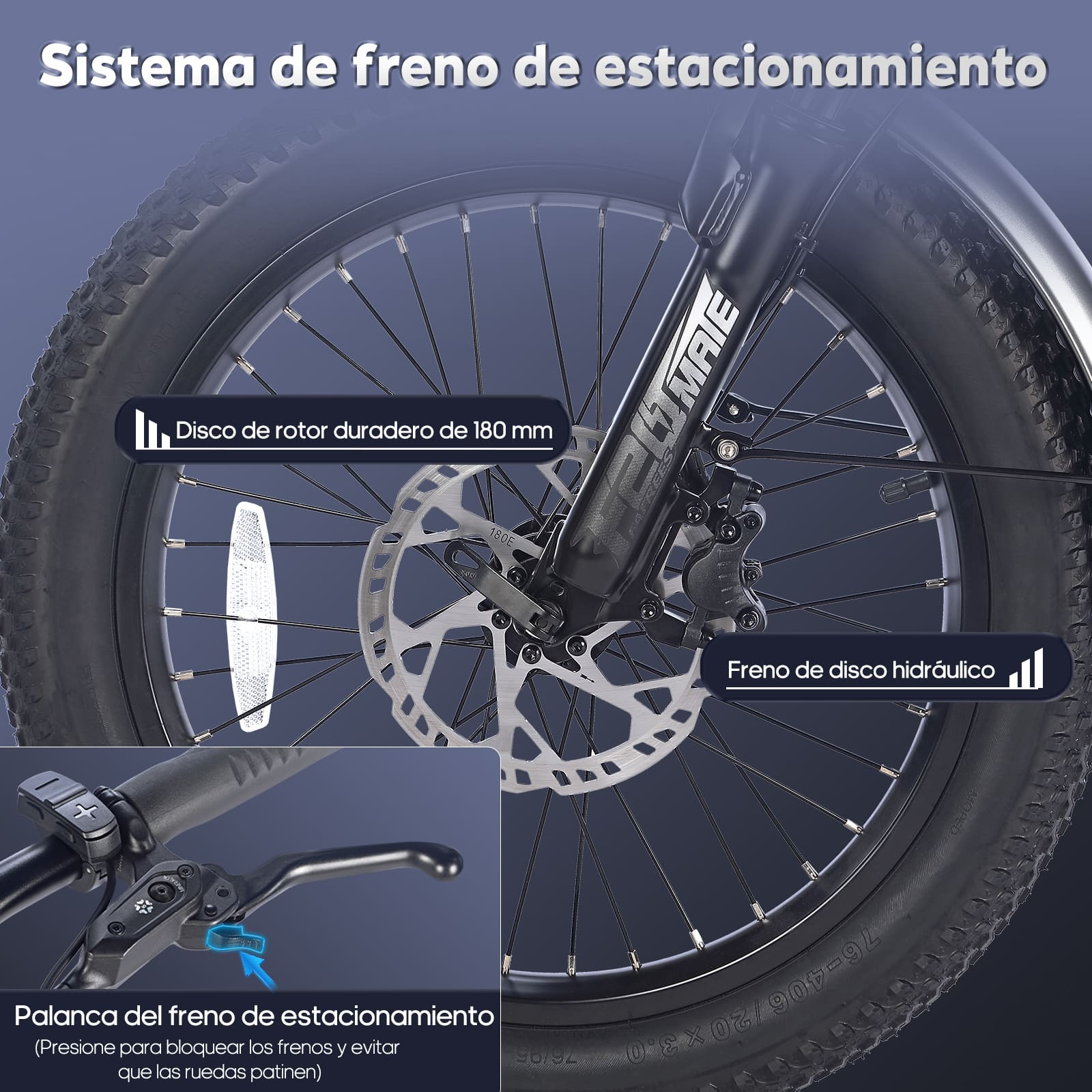 Primo piano di una ruota di bicicletta con un sistema di freni a disco. Sono presenti etichette testuali in spagnolo.