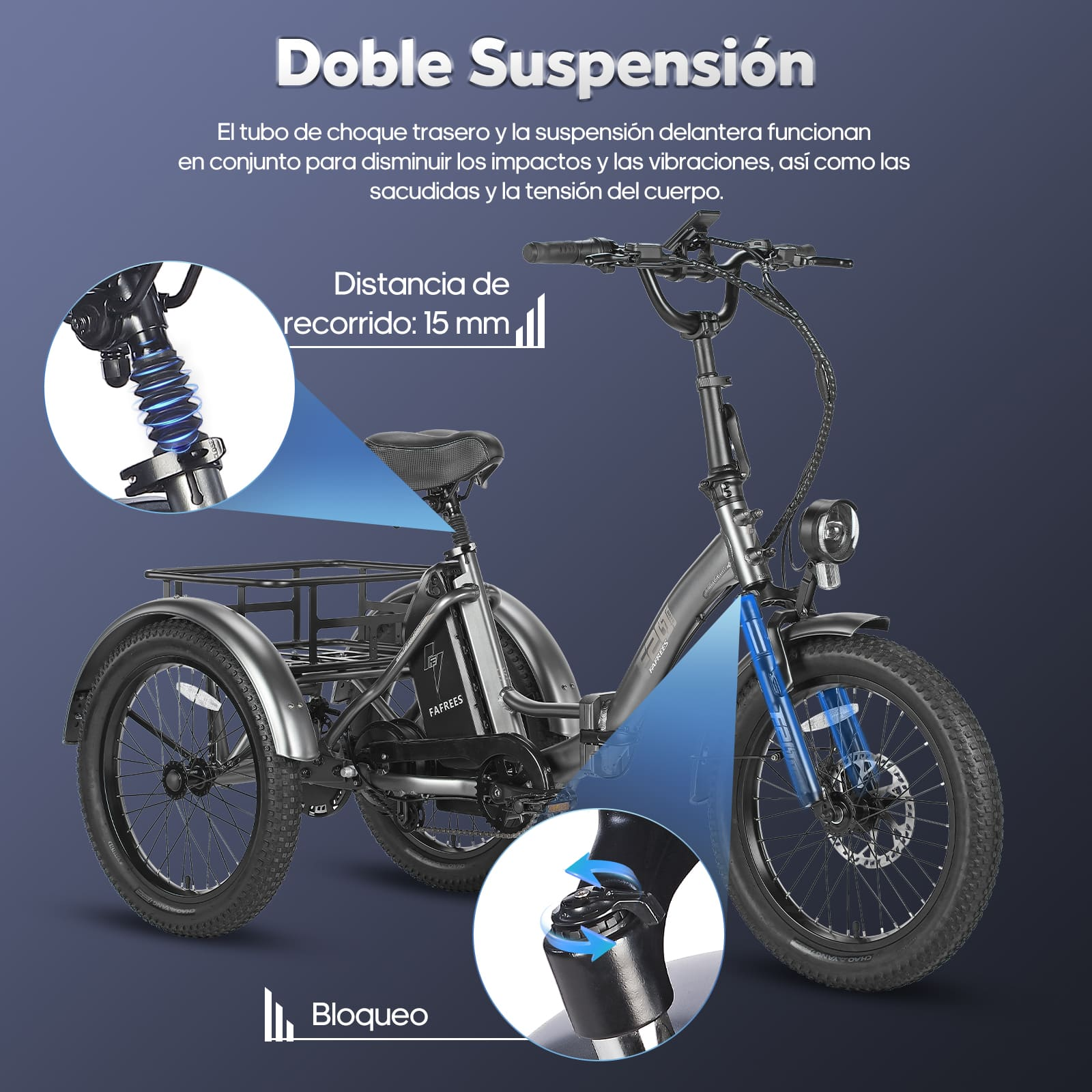 Una bicicletta elettrica a tre ruote con doppia sospensione, che mostra i suoi componenti e le sue caratteristiche.