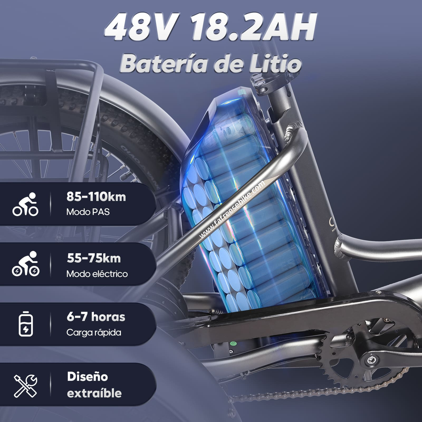 Primo piano della batteria di una bici elettrica e dettagli. Include testo con specifiche e icone.
