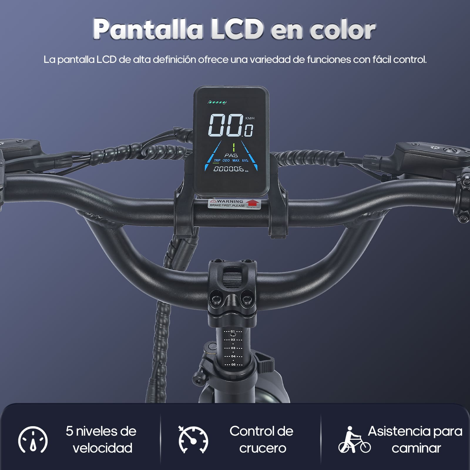 Primo piano del manubrio di uno scooter elettrico con schermo LCD a colori. Le funzioni sono elencate sotto lo schermo.