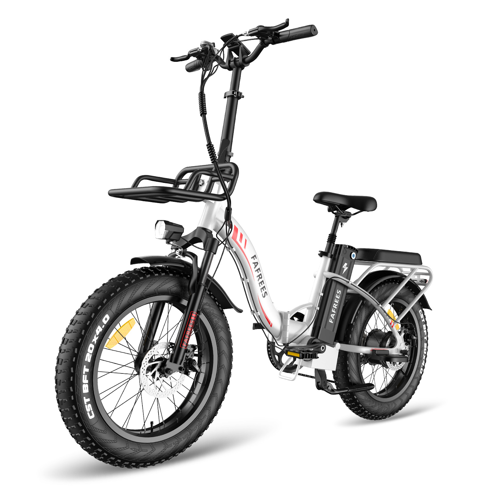 Ein weißes Elektrofahrrad mit großen Reifen, einem Korb und einem Akku.