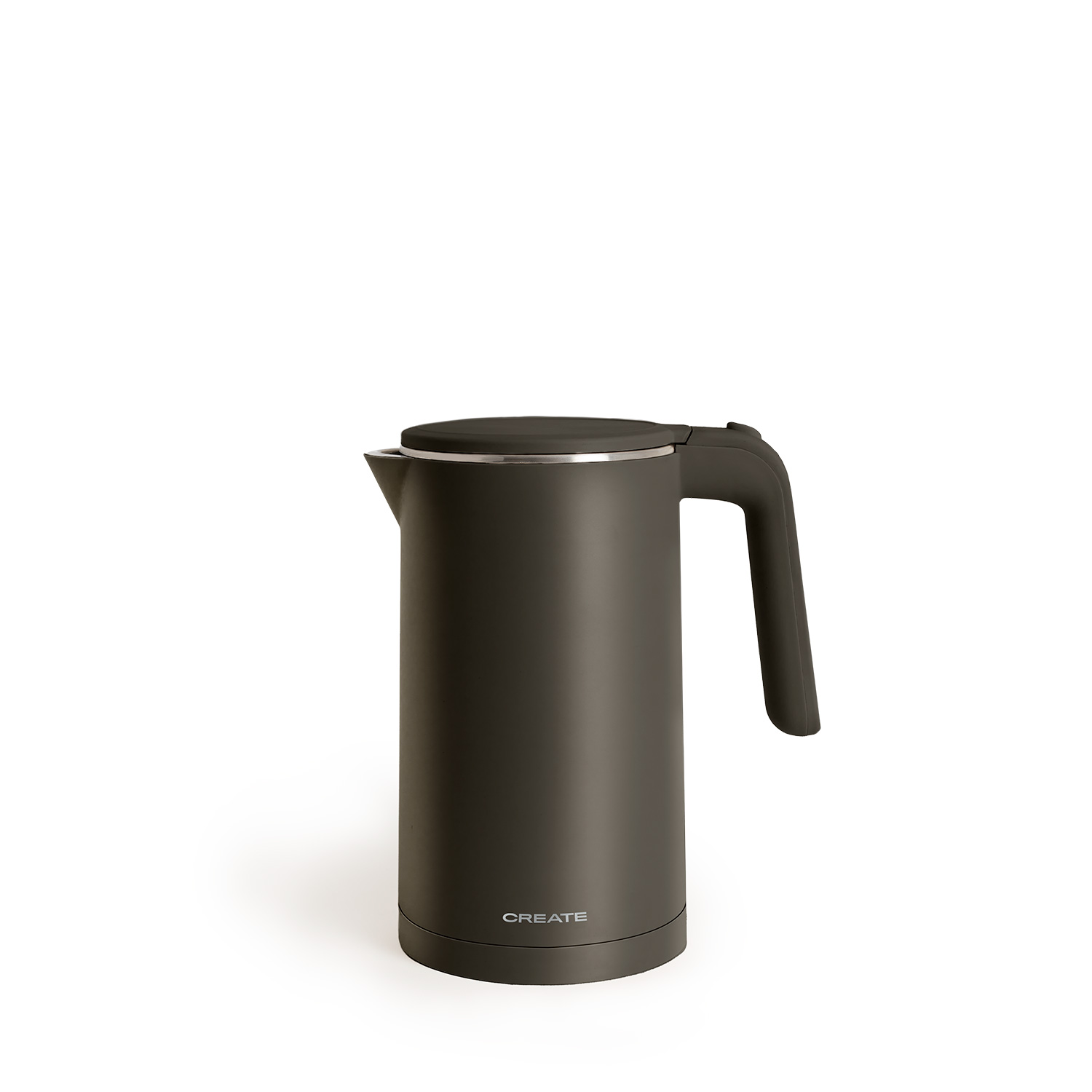 Una tetera eléctrica gris oscuro con asa y tapa negras sobre fondo blanco.