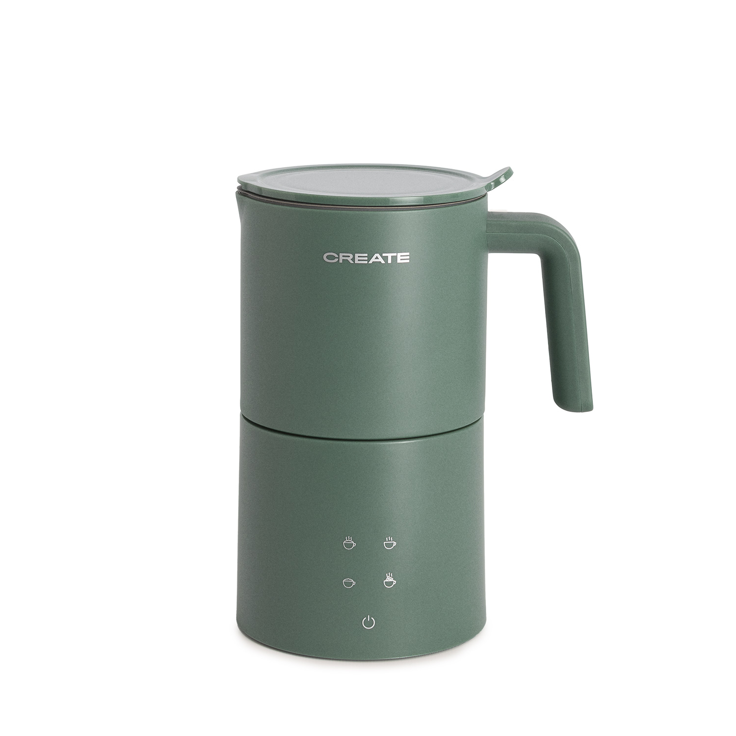 Espumador de leche eléctrico verde con asa y botones, sobre blanco.