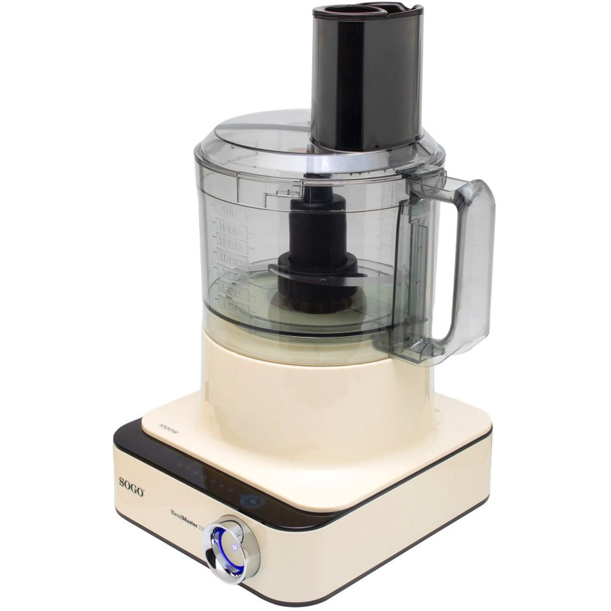 Un robot da cucina, base beige con parte superiore nera e contenitore trasparente. La maniglia è visibile a destra.