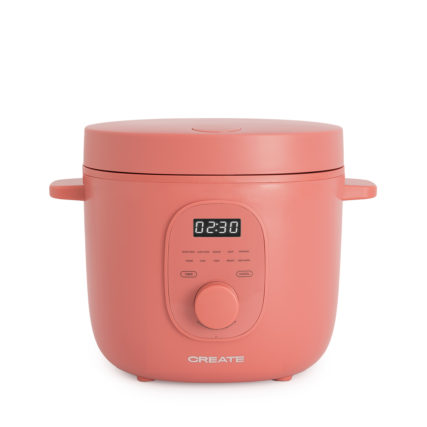 Una olla multiusos eléctrica rosa con pantalla digital, dial y botones. Fondo blanco.