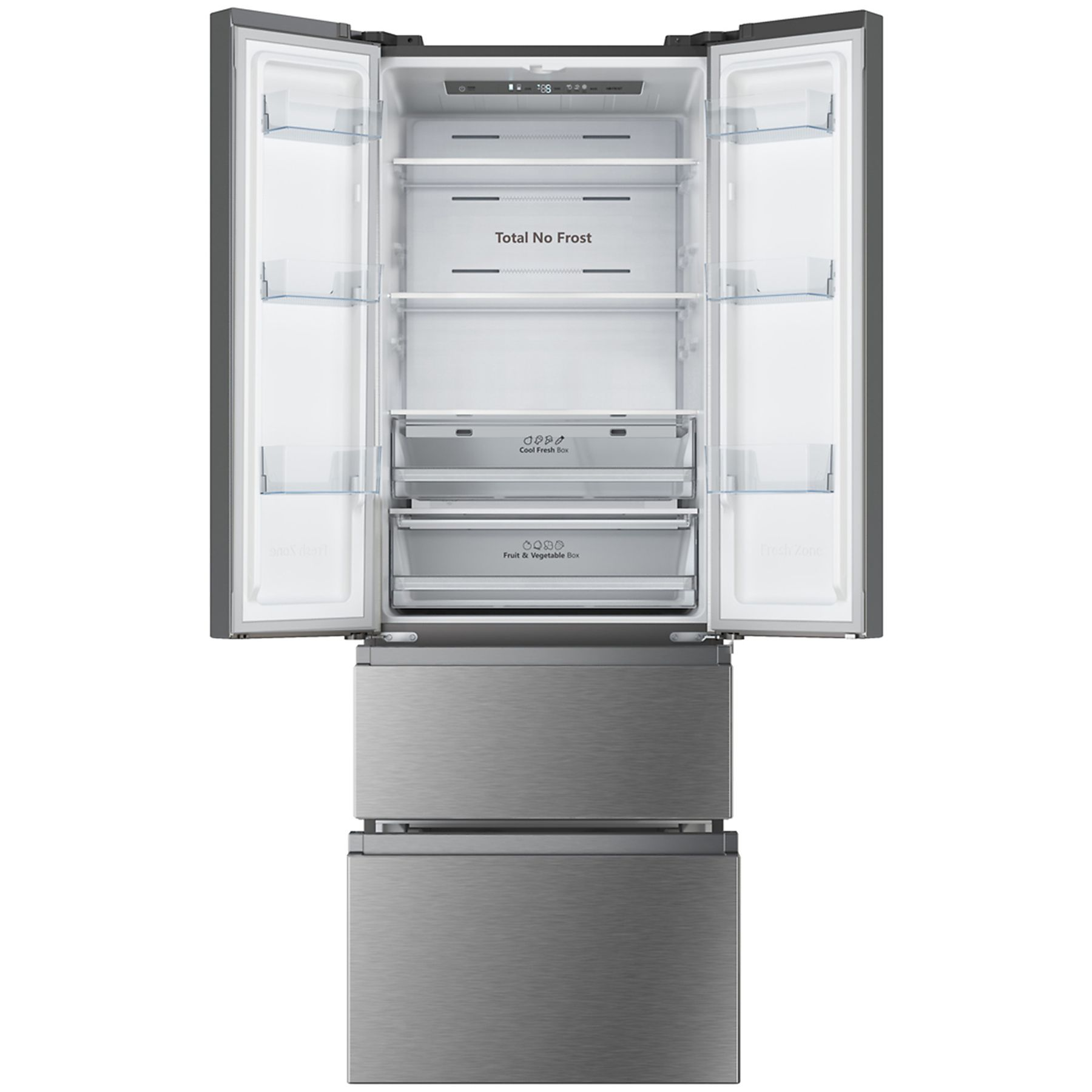Edelstahlkühlschrank, geöffnet mit Regalen, Schubladen und Innenteilen.