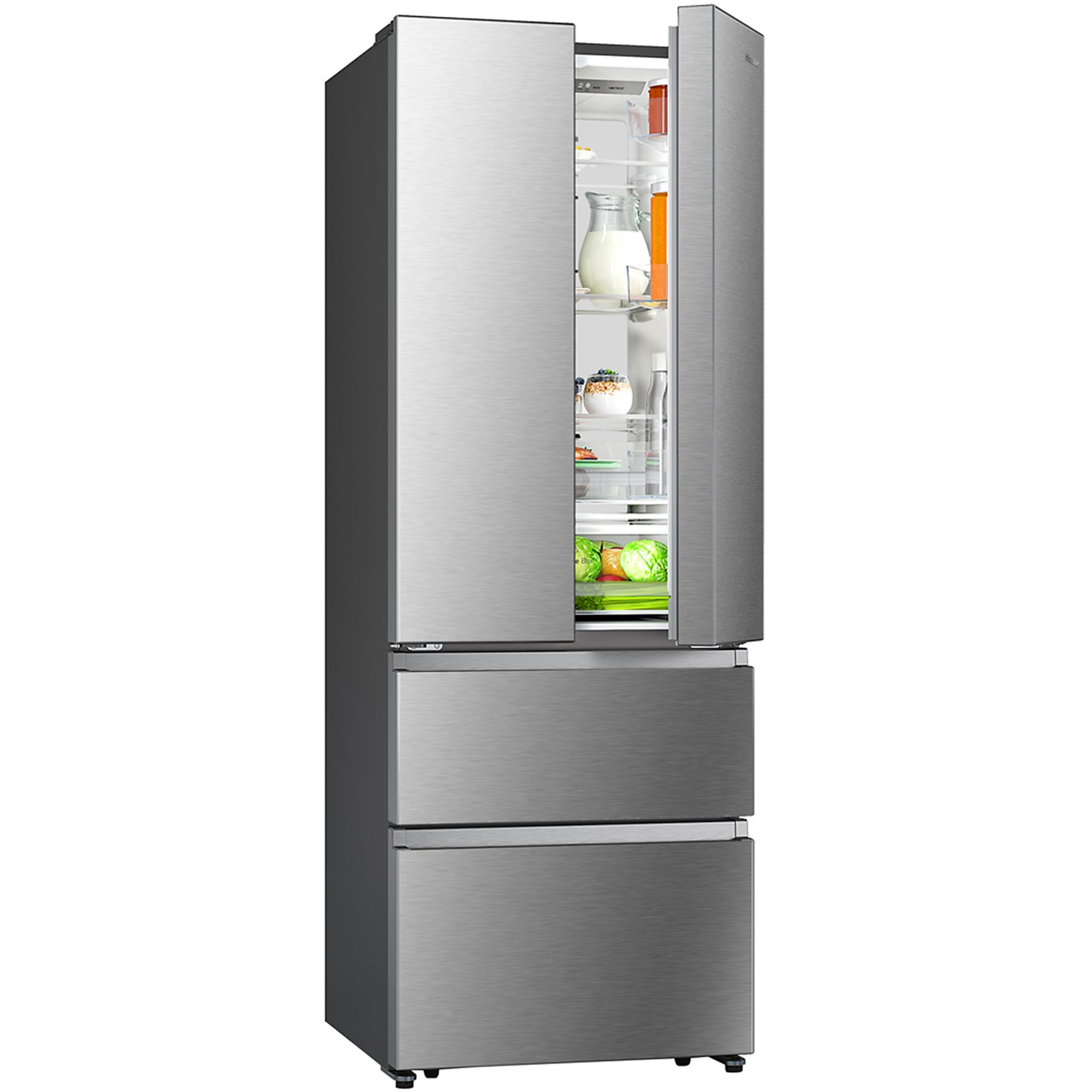 Edelstahl-Kühlschrank mit geöffneten Türen, zeigt Regale mit Essen und Getränken.