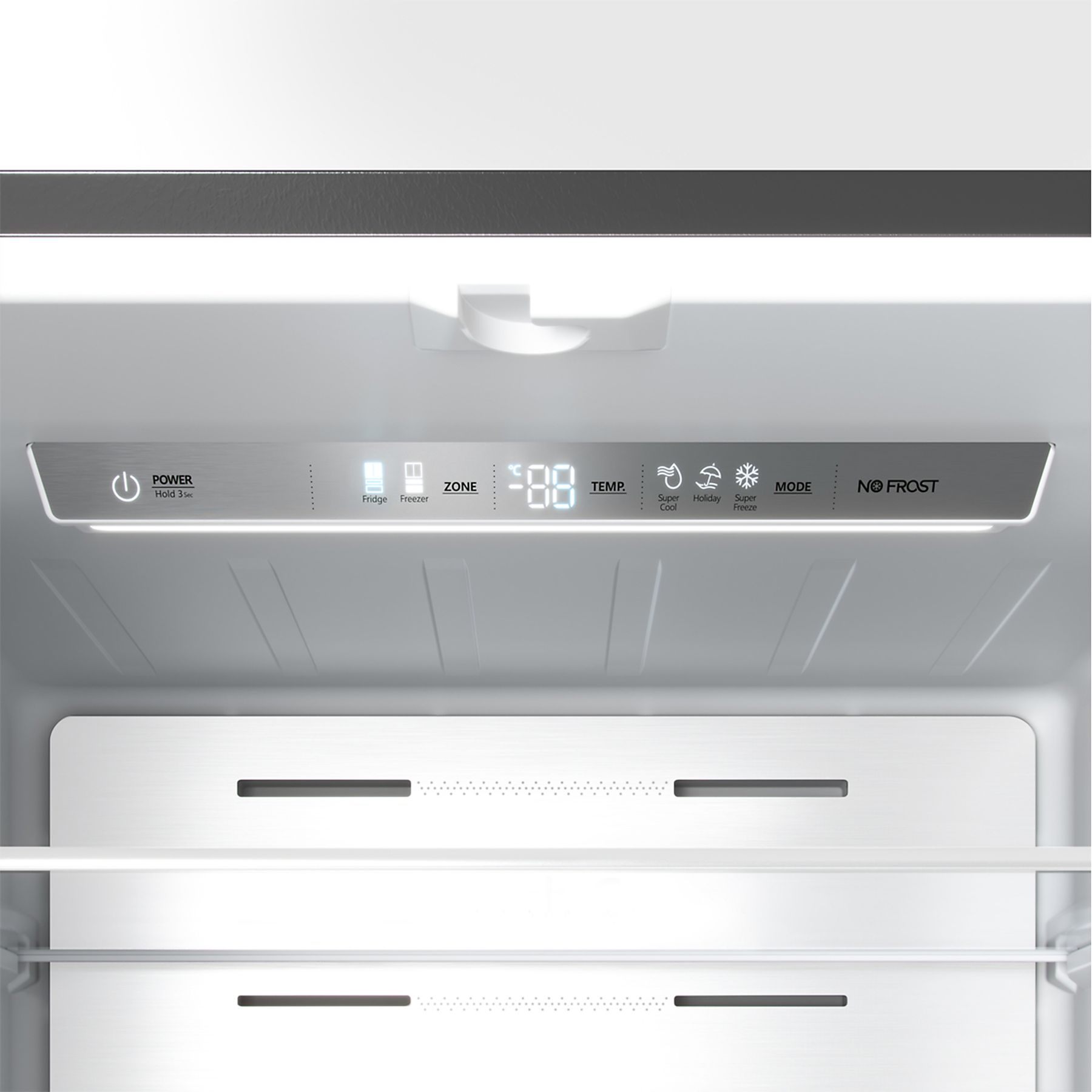 Kühlschrank-Bedienfeld. Zeigt Strom-, Kühl-, Gefrier-, Temperatur-, Modus- und No Frost-Optionen an.