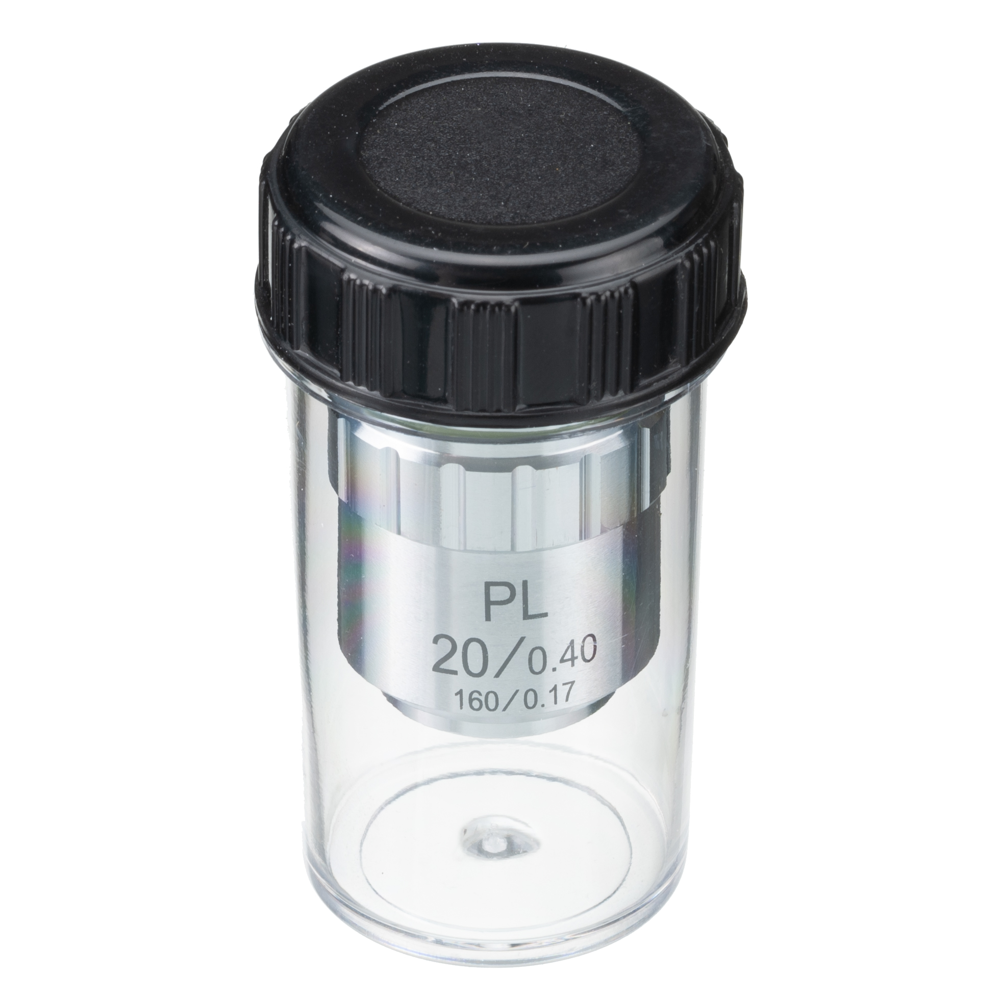 Un vial de plástico transparente que contiene una lente de microscopio. La lente tiene marcas.