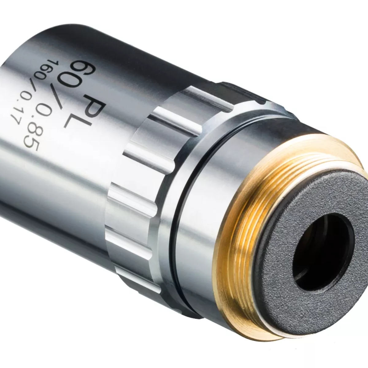 Lente de objetivo de microscopio, plateado con anillo dorado, marcajes 60/0.85 PL.