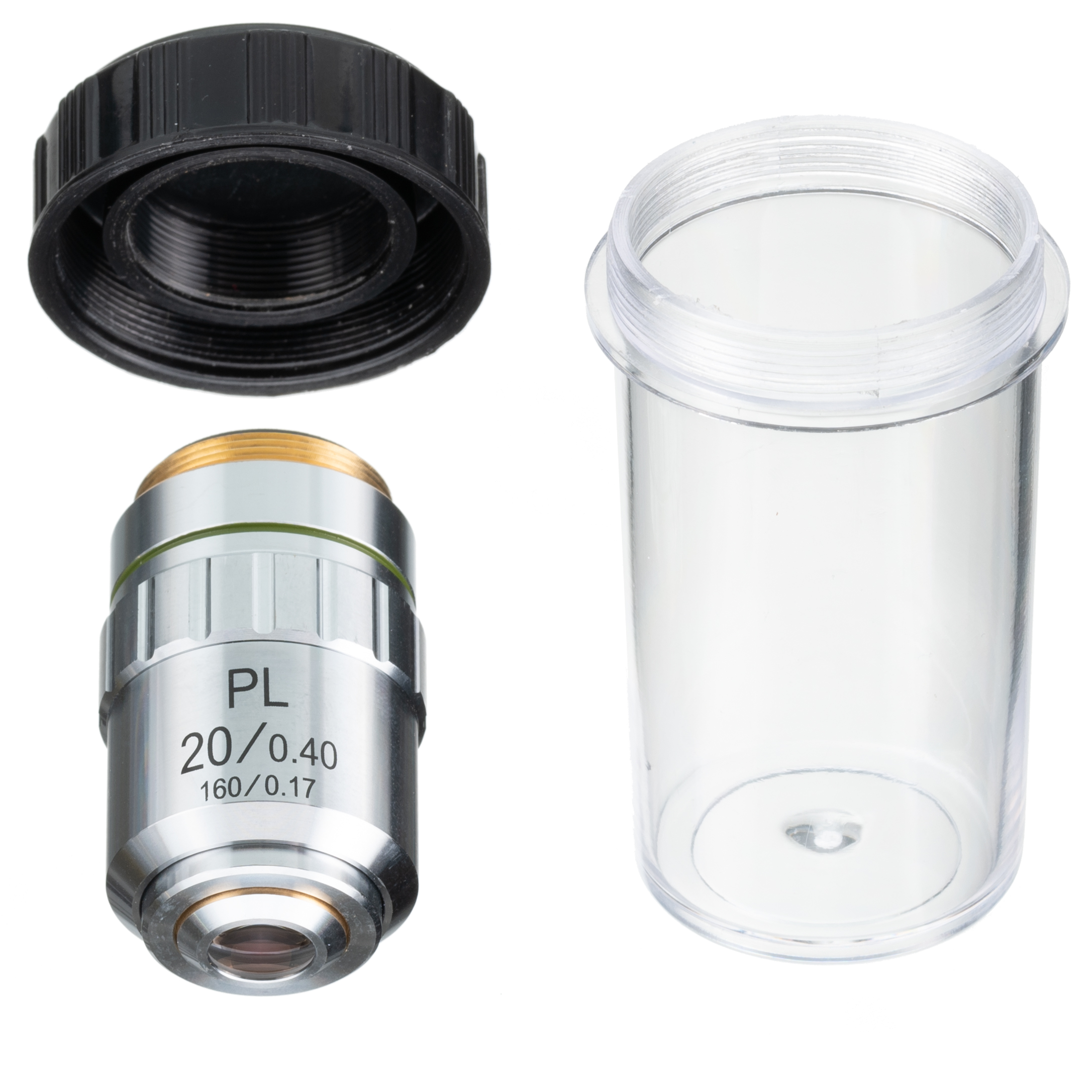 Lente de objetivo de microscopio, tapa negra y contenedor plástico transparente sobre blanco.