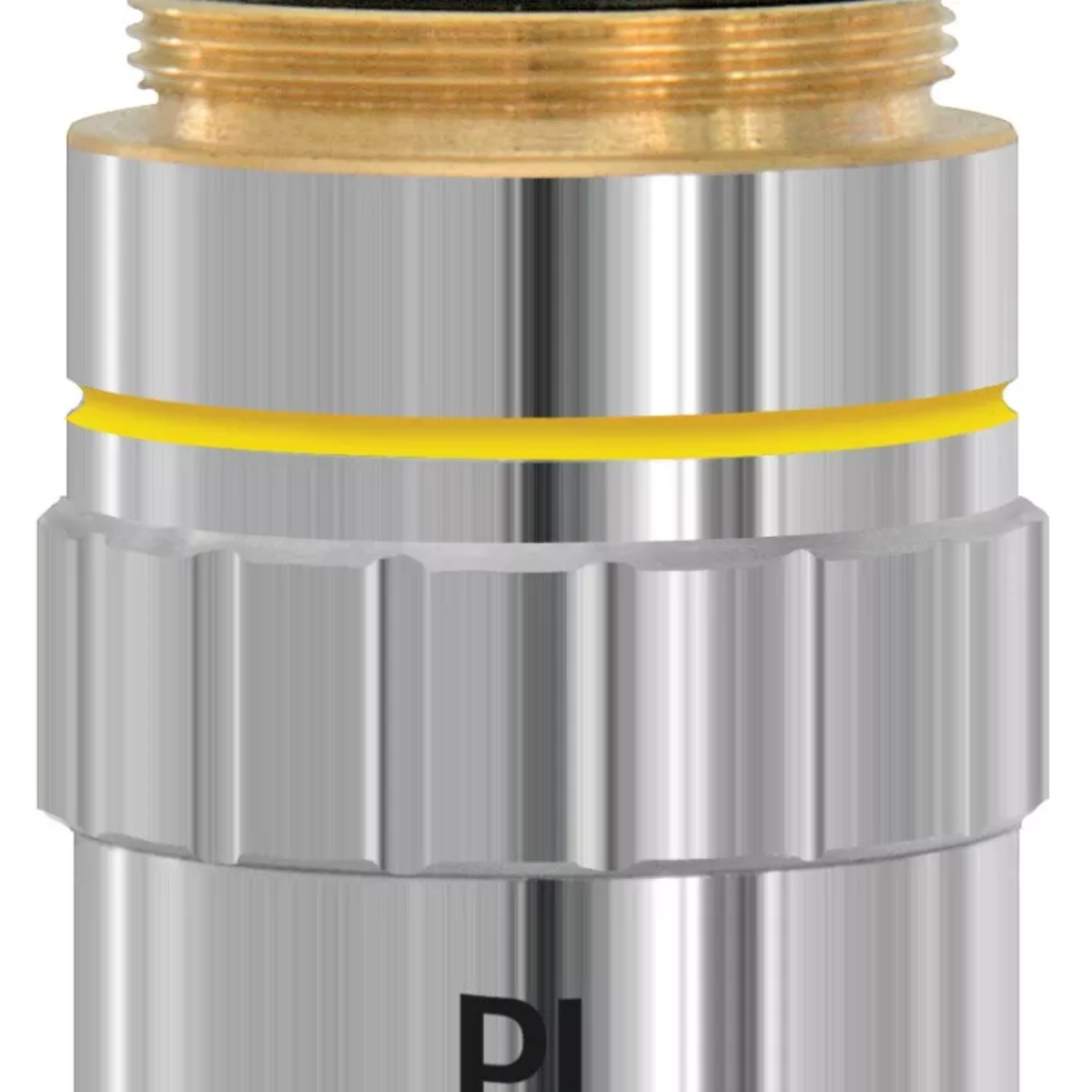 Objeto metálico plateado y dorado con crestas. Anillo amarillo. Primer plano. Fondo blanco.