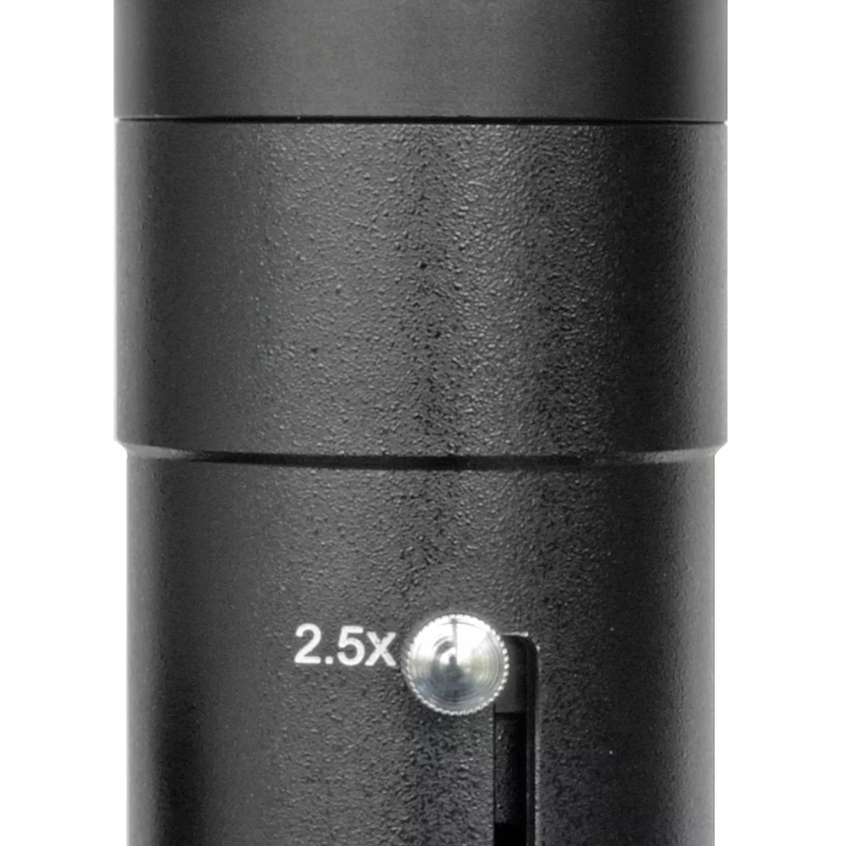 Primer plano de un dispositivo negro con una rueda etiquetada 2.5x.