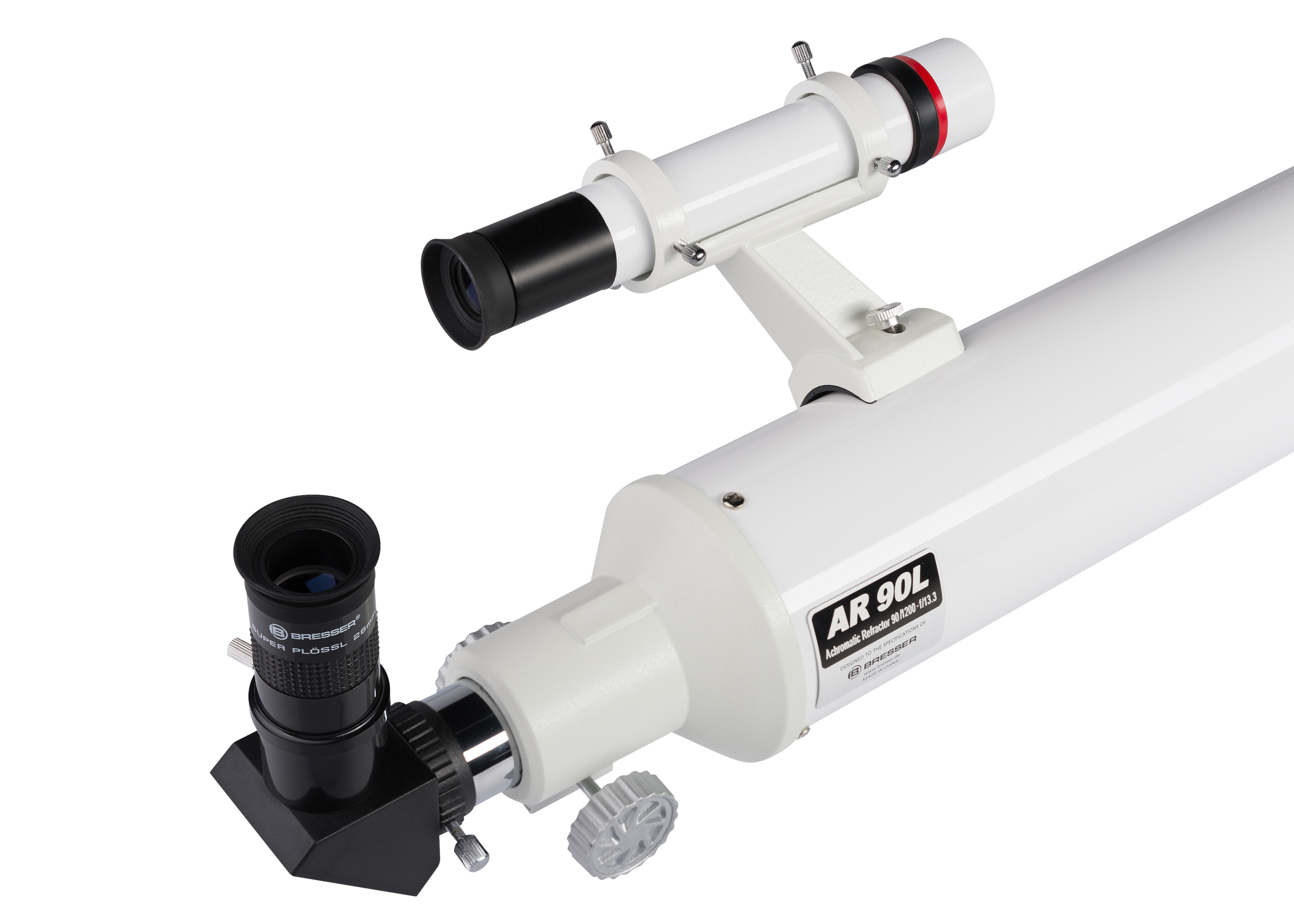 Un telescopio blanco con un telescopio más pequeño adjunto y un ocular, sobre un fondo blanco.