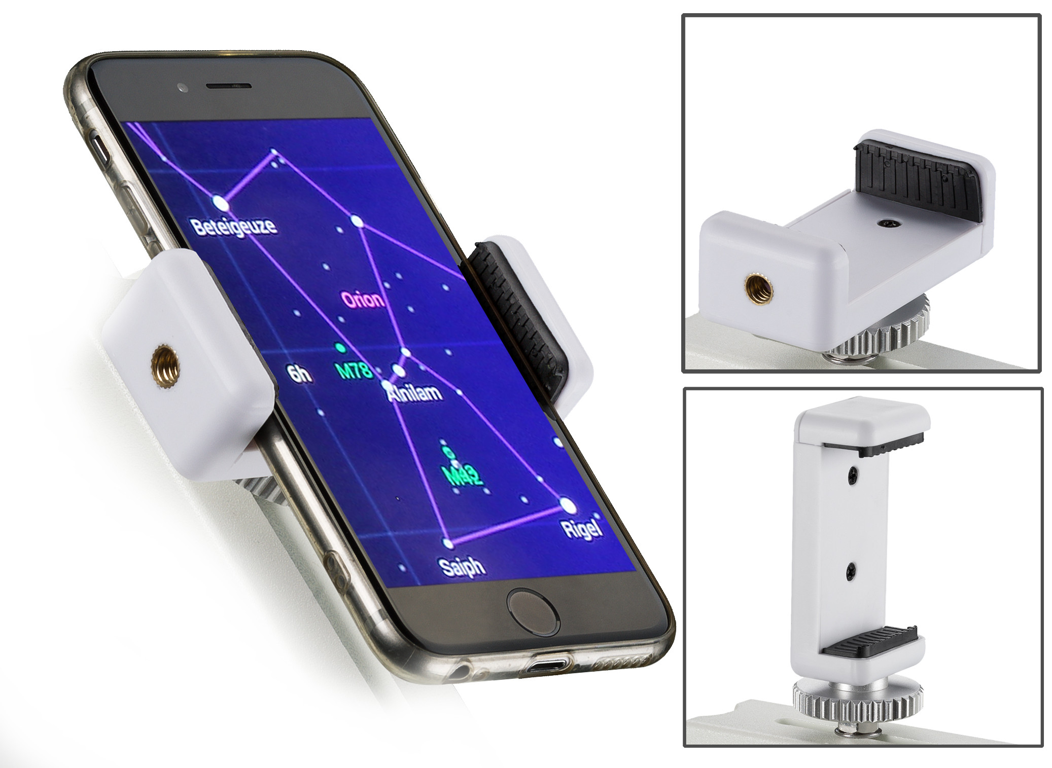 Smartphone con app de constelaciones, sujetado por un soporte blanco. Detalles adicionales del soporte.