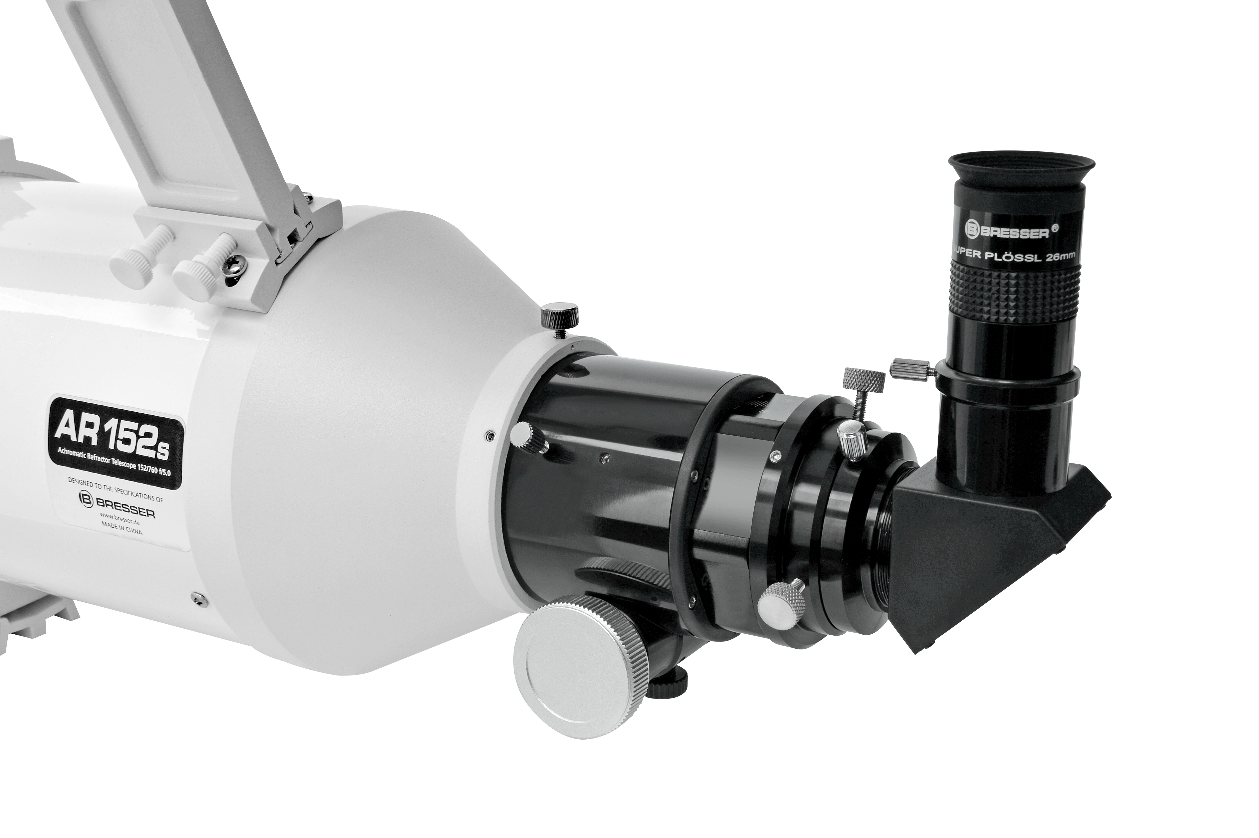 Telescopio con cuerpo blanco y ocular negro. Sobre fondo blanco.