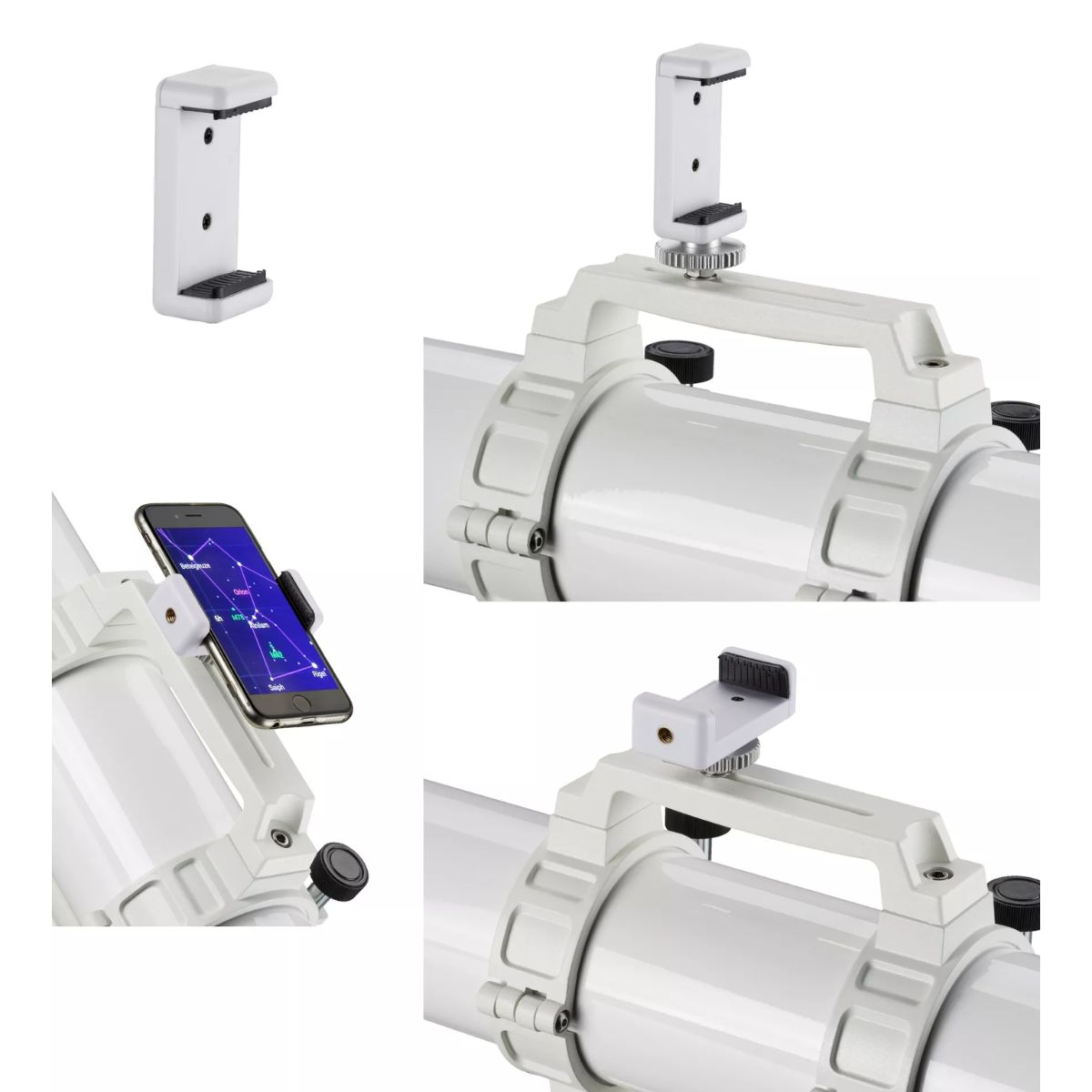 Telescopio blanco con soporte para teléfono adjunto y teléfono mostrando un cielo nocturno.