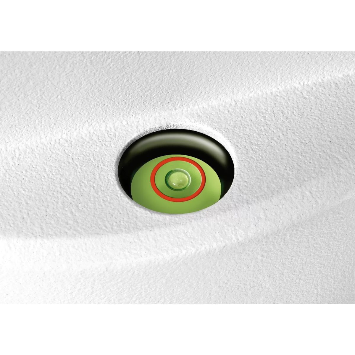 Una herramienta de nivel. Una burbuja verde está centrada en un círculo negro con un contorno rojo.