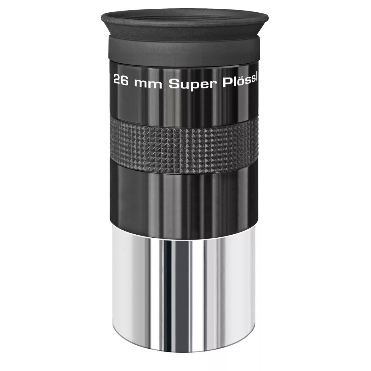 Ocular de telescopio. Negro y plata con el texto: 26 mm Super Plössl.
