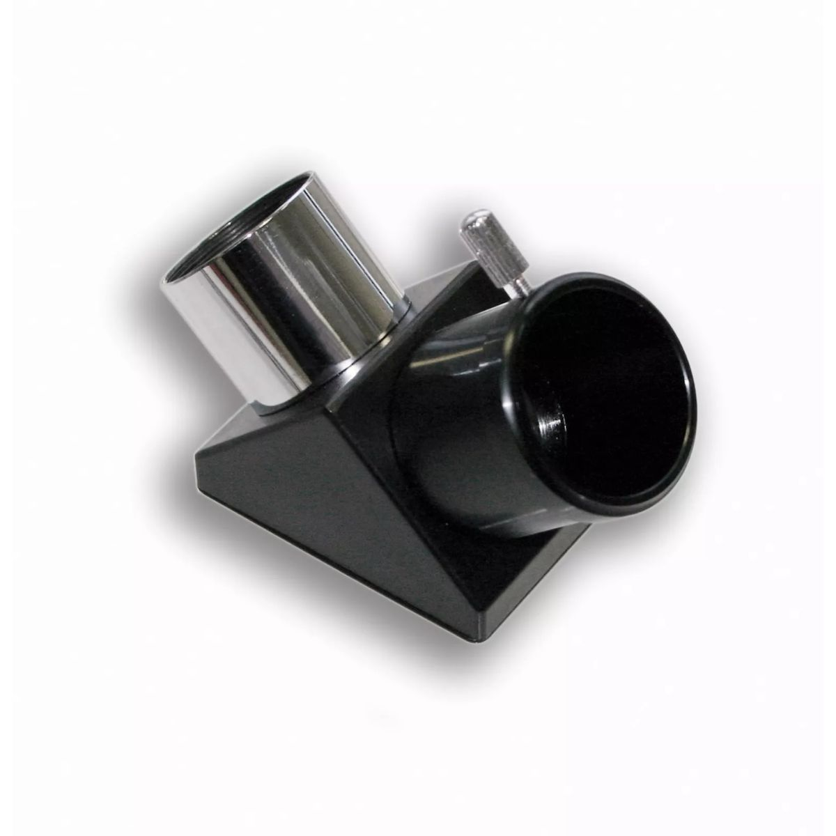 Prisma diagonal de telescopio negro y plateado. Se asienta sobre una base negra con un mando de ajuste plateado.