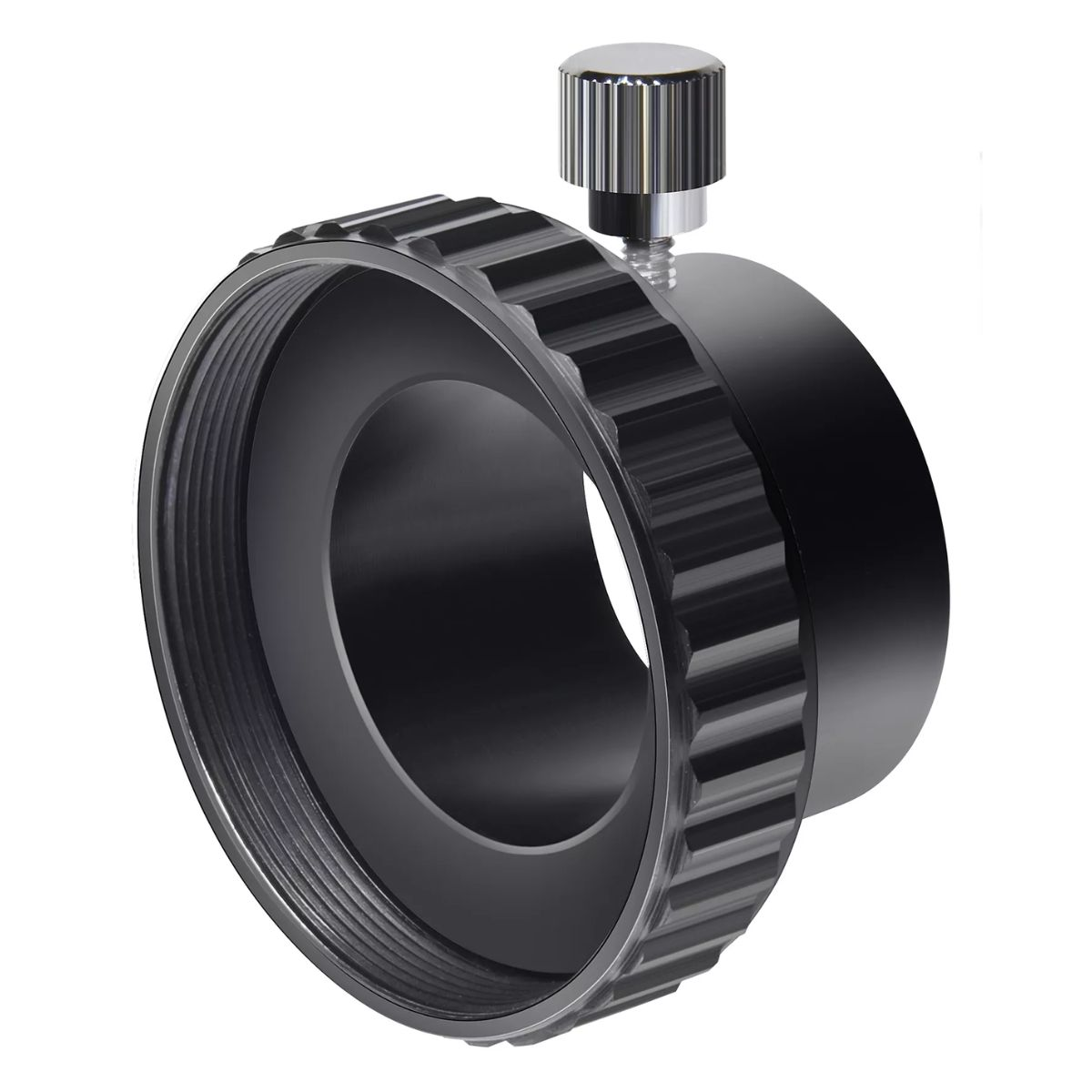 Un anillo adaptador roscado negro y plateado con una perilla moleteada en la parte superior.