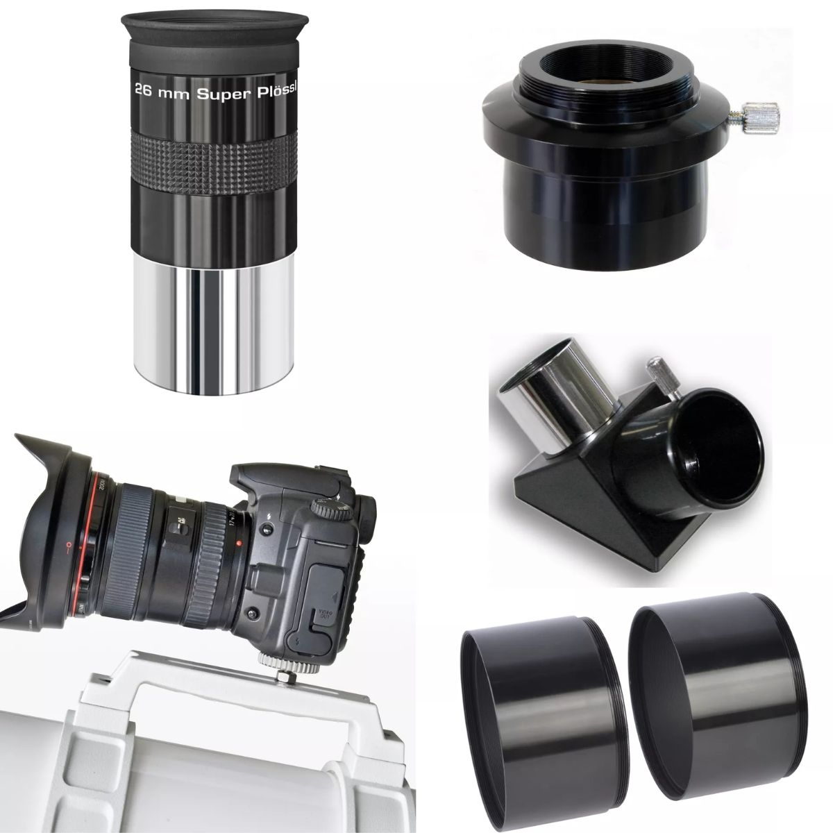 Se muestran varios accesorios de telescopio, incluyendo un ocular, adaptadores y una configuración de cámara.
