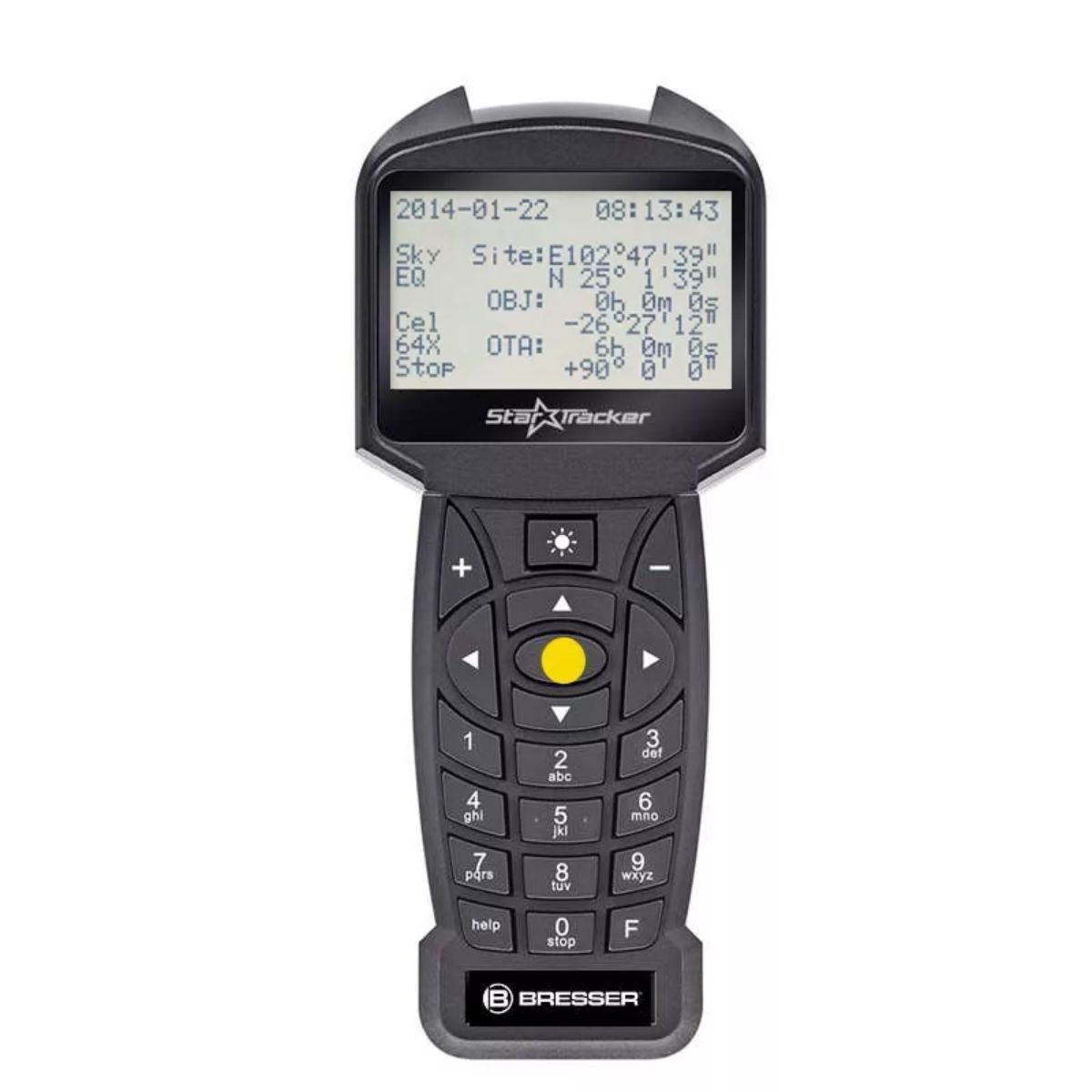 Dispositivo StarTracker portátil negro con pantalla y botones numerados.