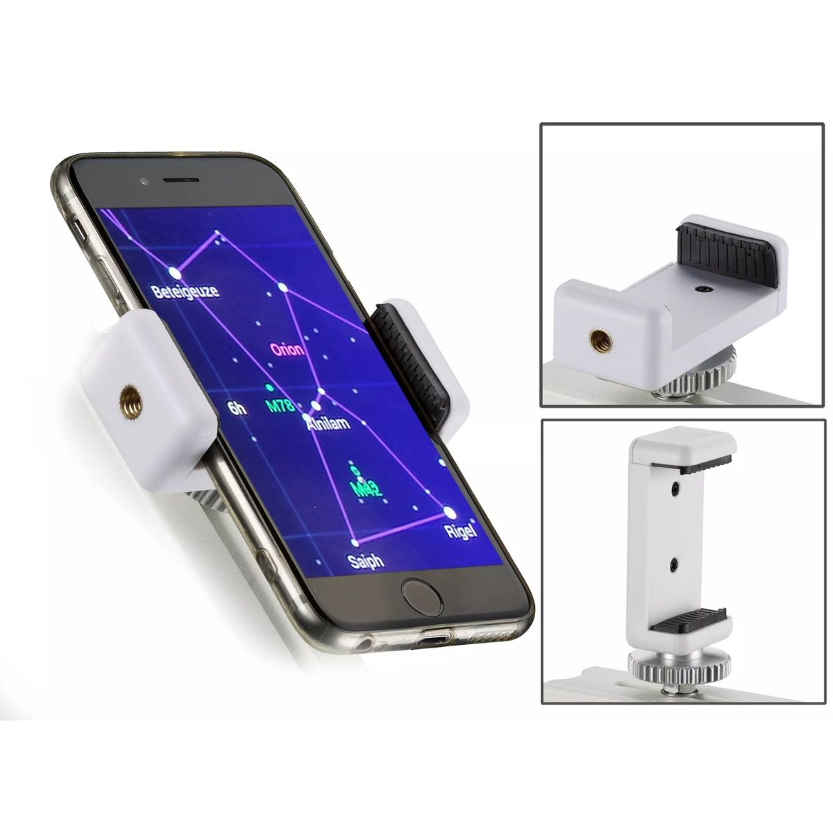Smartphone en soporte blanco, mostrando app de constelaciones, piezas adicionales.