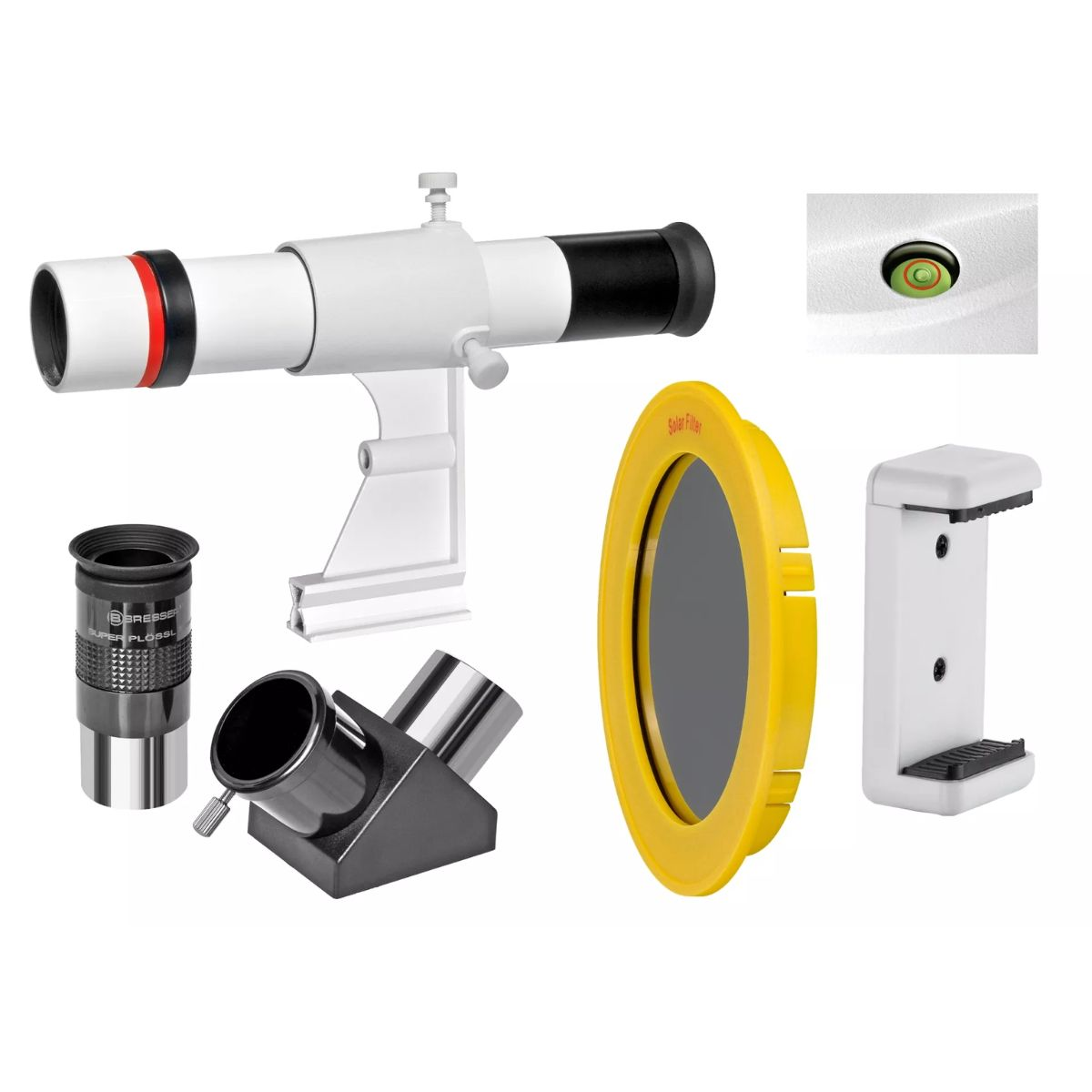 Un kit de telescopio con varios componentes sobre un fondo blanco.