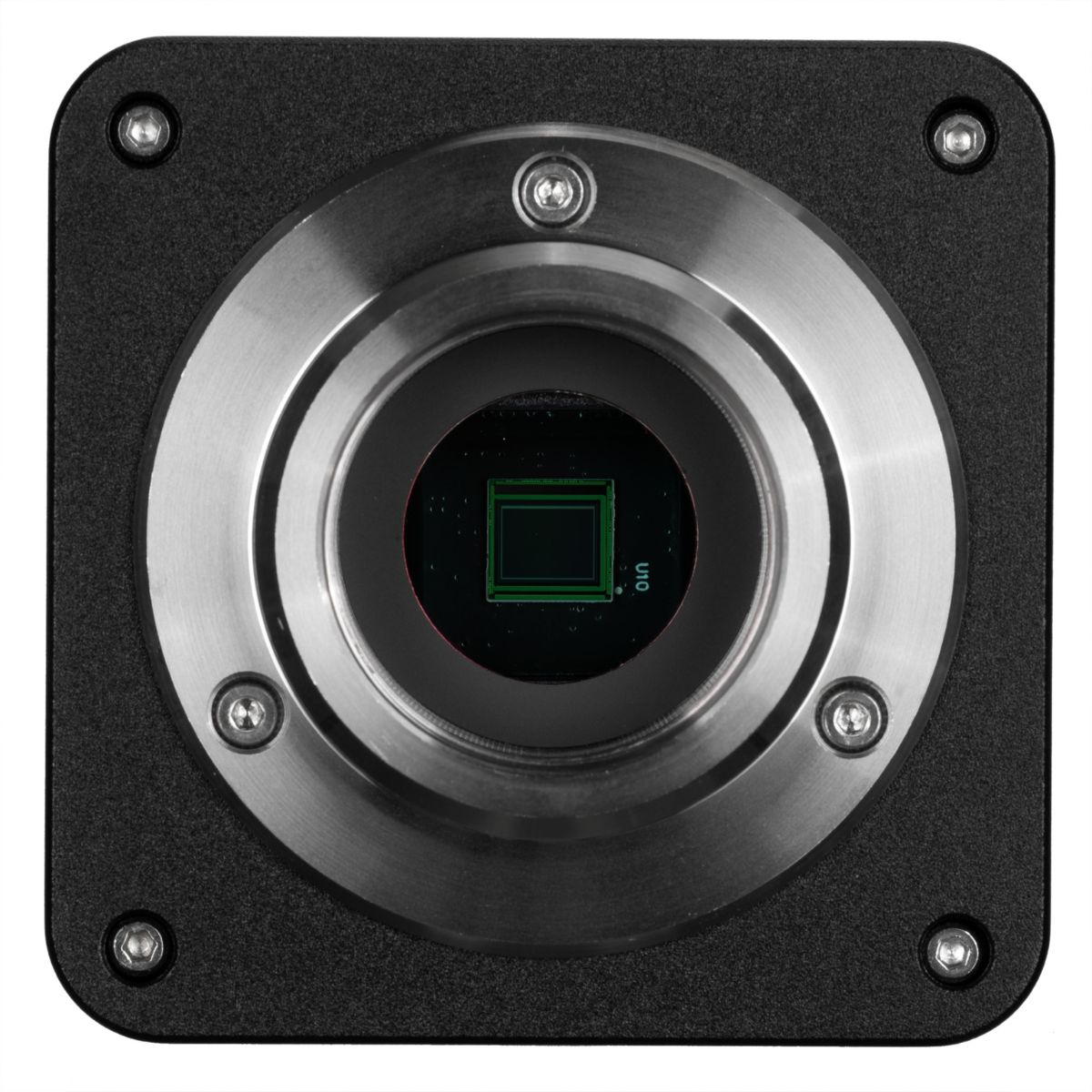 Primer plano de una cámara negra con un sensor cuadrado verde.
