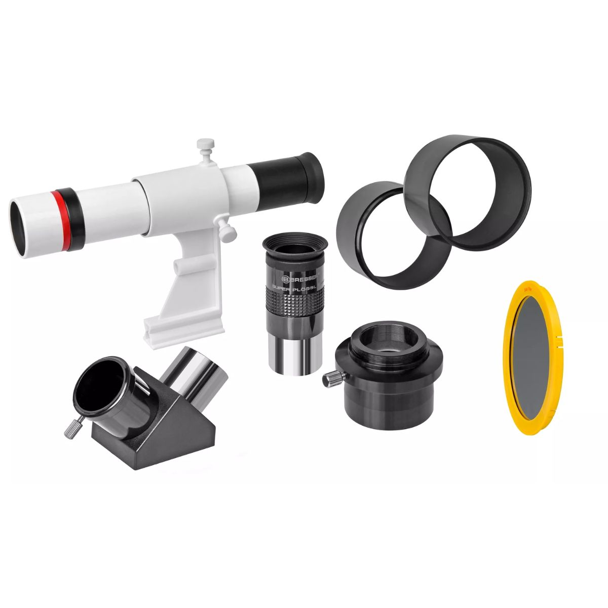 Piezas de telescopio: telescopio blanco, ocular negro, un filtro amarillo y otros accesorios.