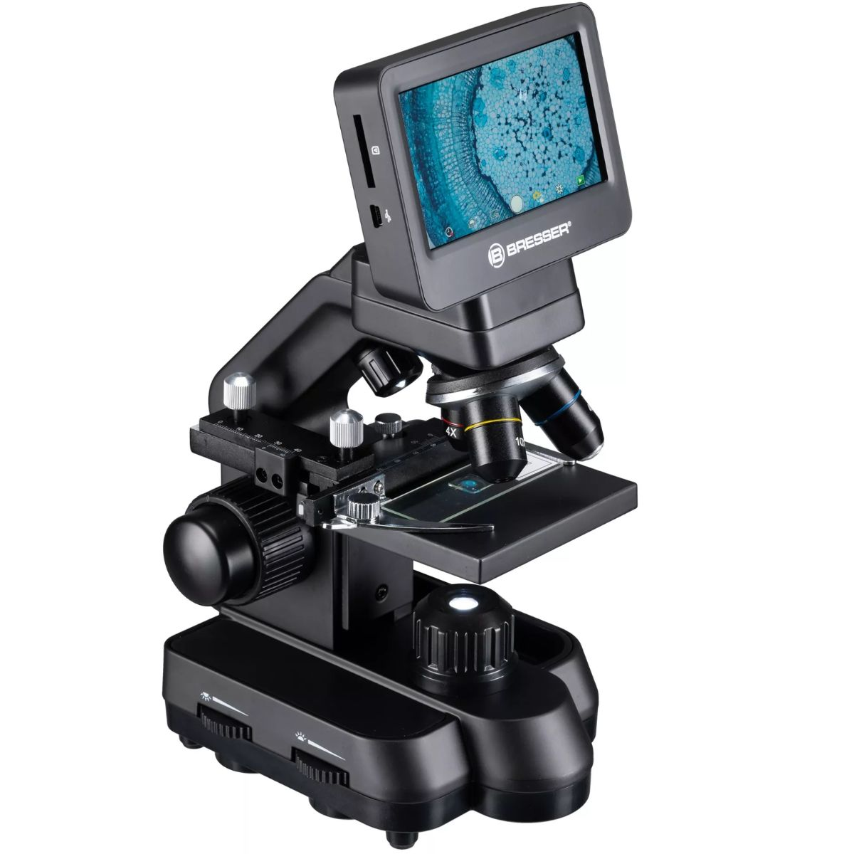 Microscopio negro con pantalla. Tiene perillas de ajuste, lentes y una platina para sostener una diapositiva.
