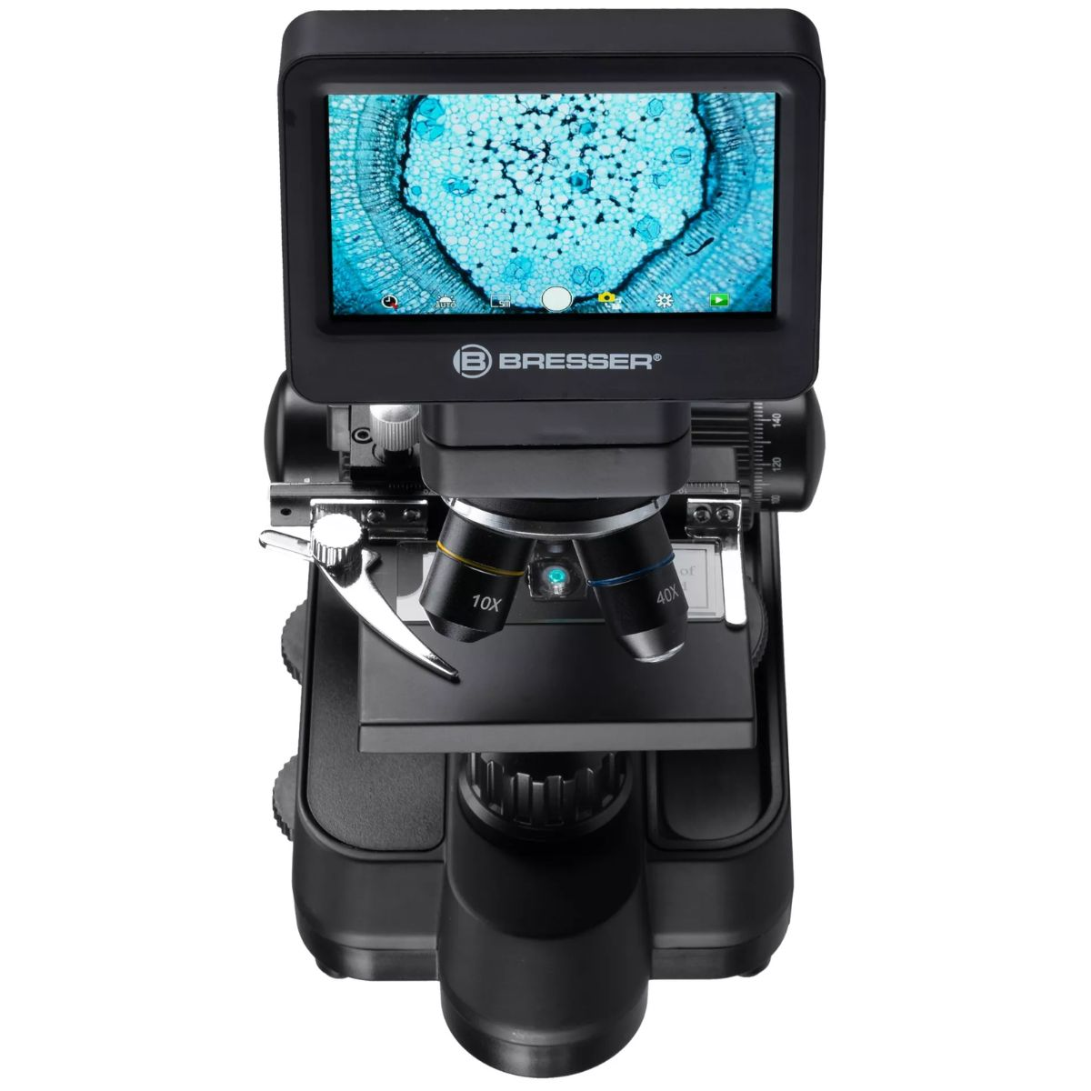 Microscopio negro con una pantalla que muestra una muestra biológica ampliada.
