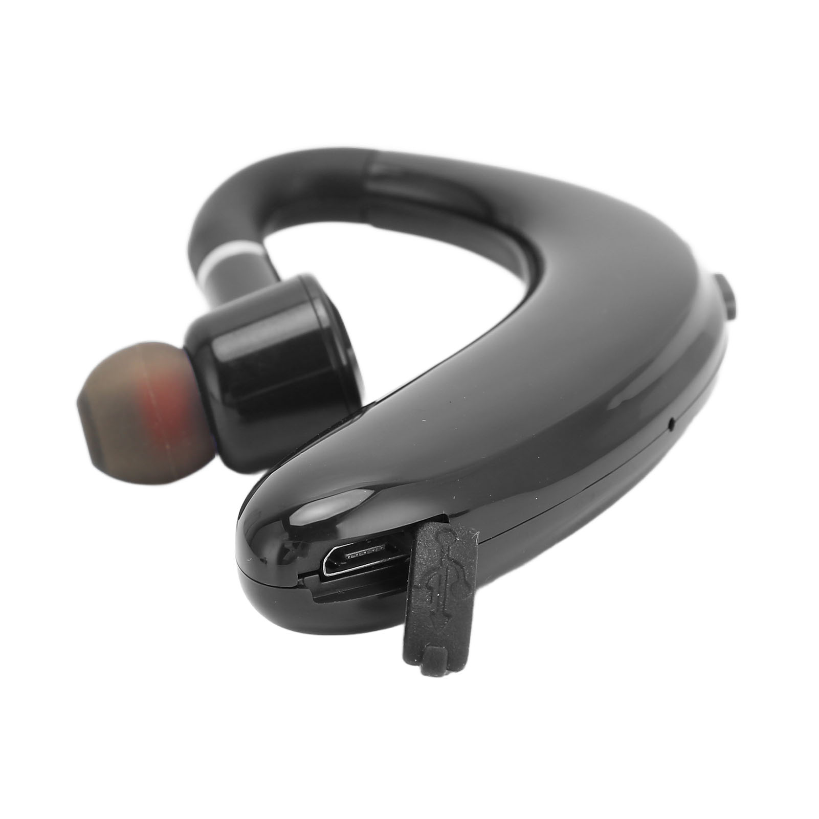 Ein schwarzes Bluetooth-Headset mit einem Ohrhörer und einem Ladeanschluss.