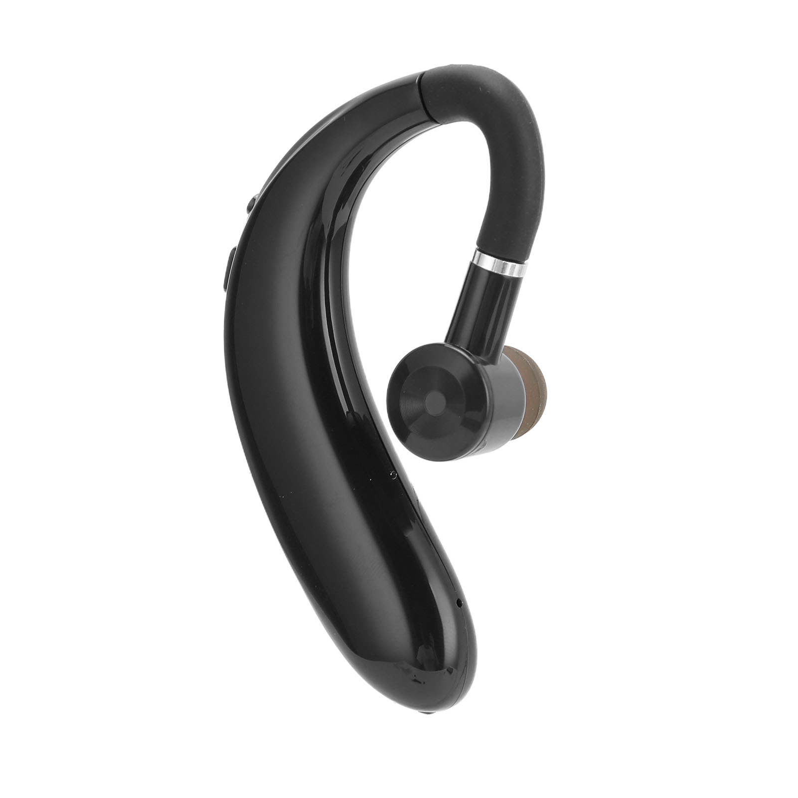 Ein schwarzes Bluetooth-Headset mit geschwungenem Design. Es liegt vor weißem Hintergrund.