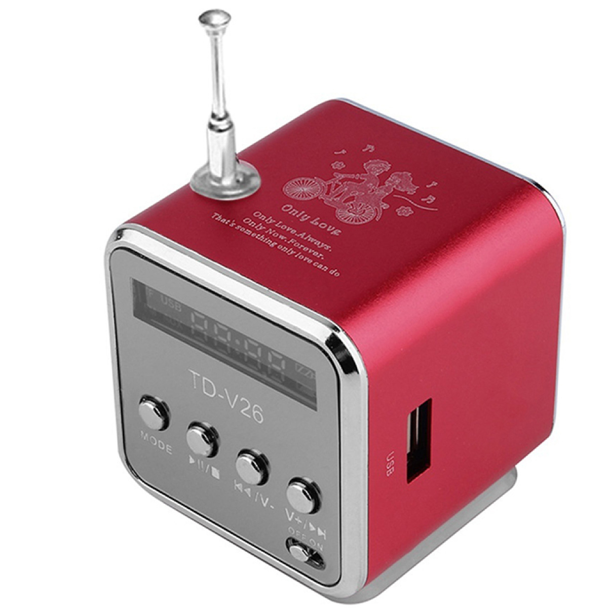 Rotes Mini-Radio. Es hat ein Display und Knöpfe. Silberne Details. Weißer Hintergrund.