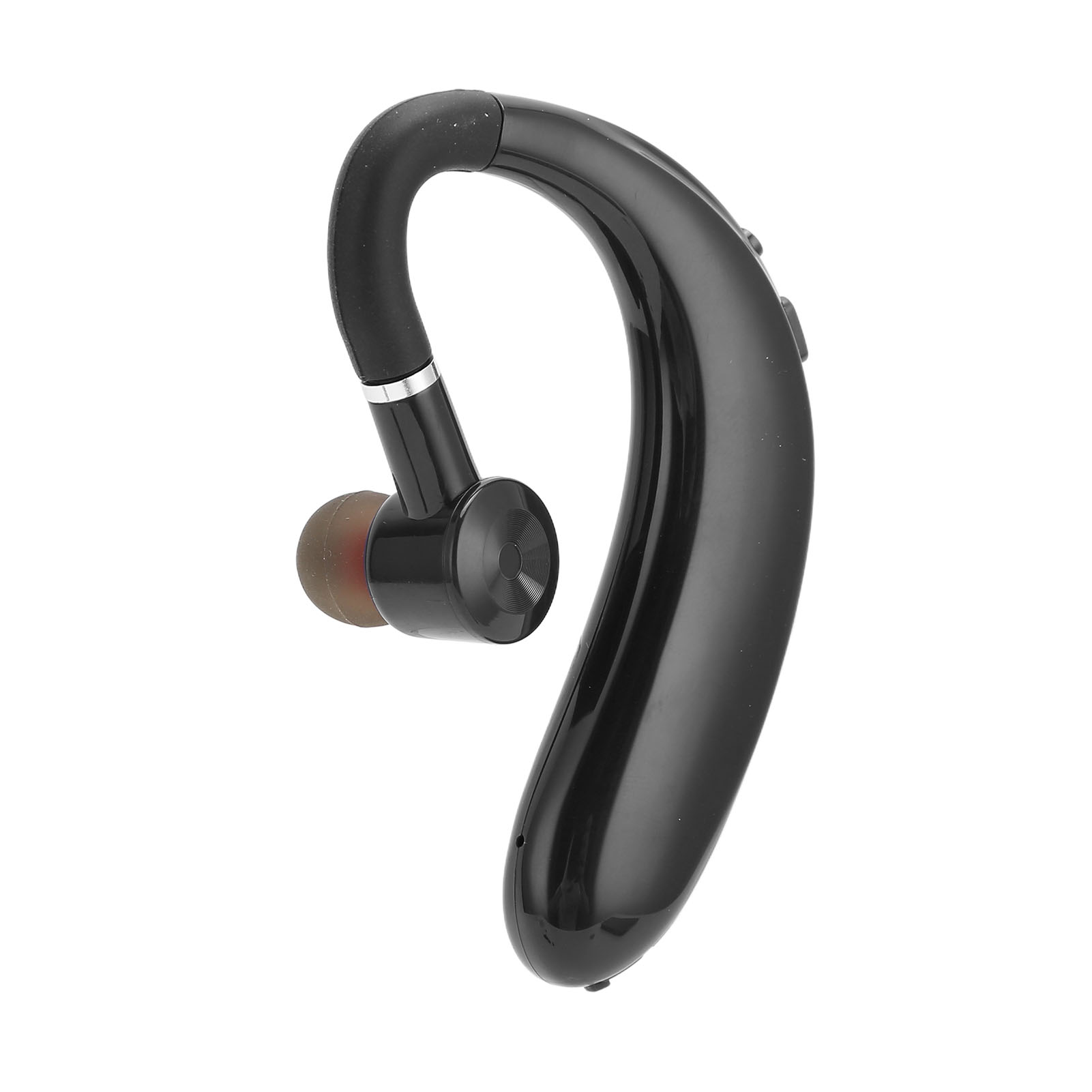Ein schwarzes Bluetooth-Headset mit geschwungenem Design, das vor einem weißen Hintergrund liegt.