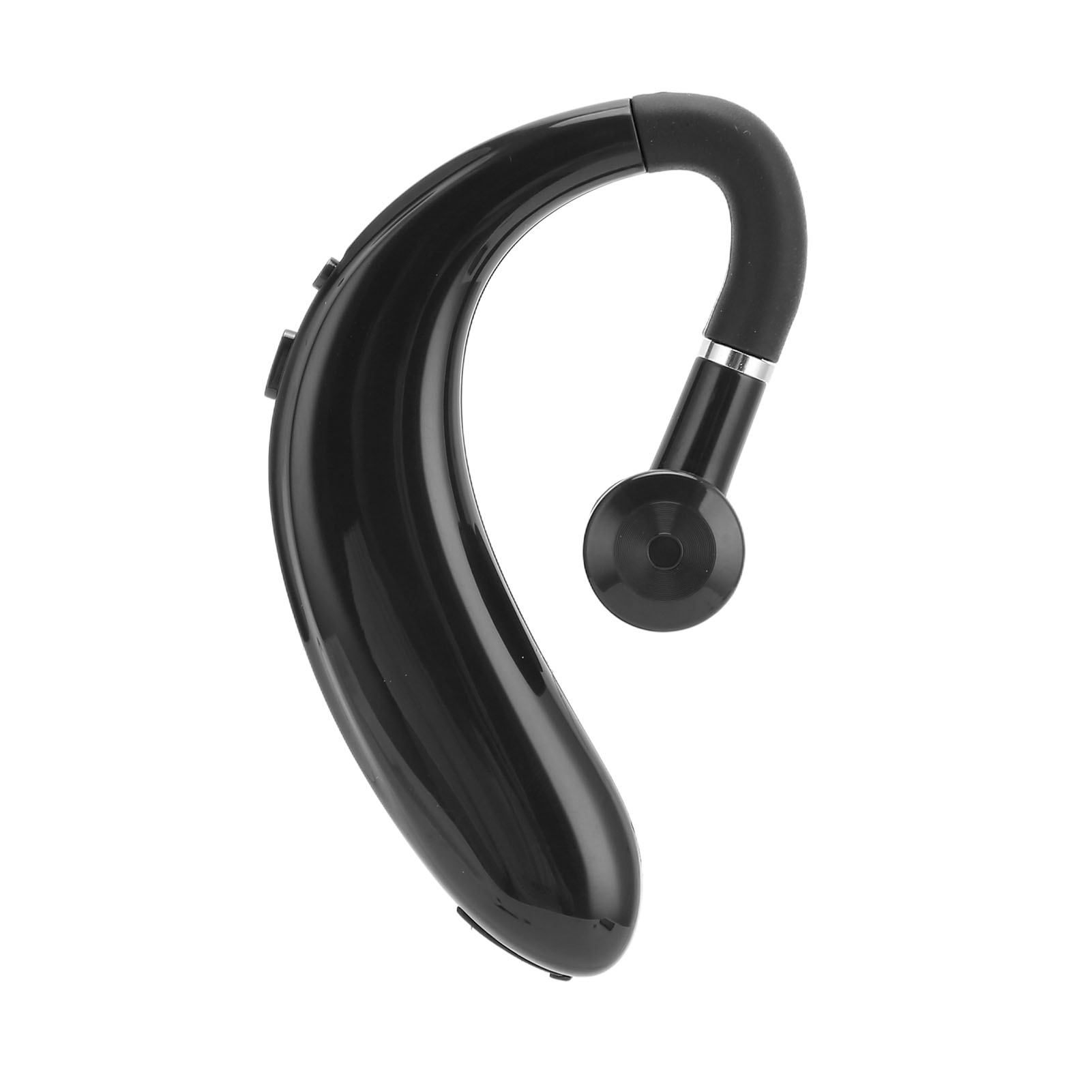 Schwarzes Bluetooth-Headset. Gebogenes Design mit Ohrhörer und Bedientasten. Auf weißem Hintergrund.