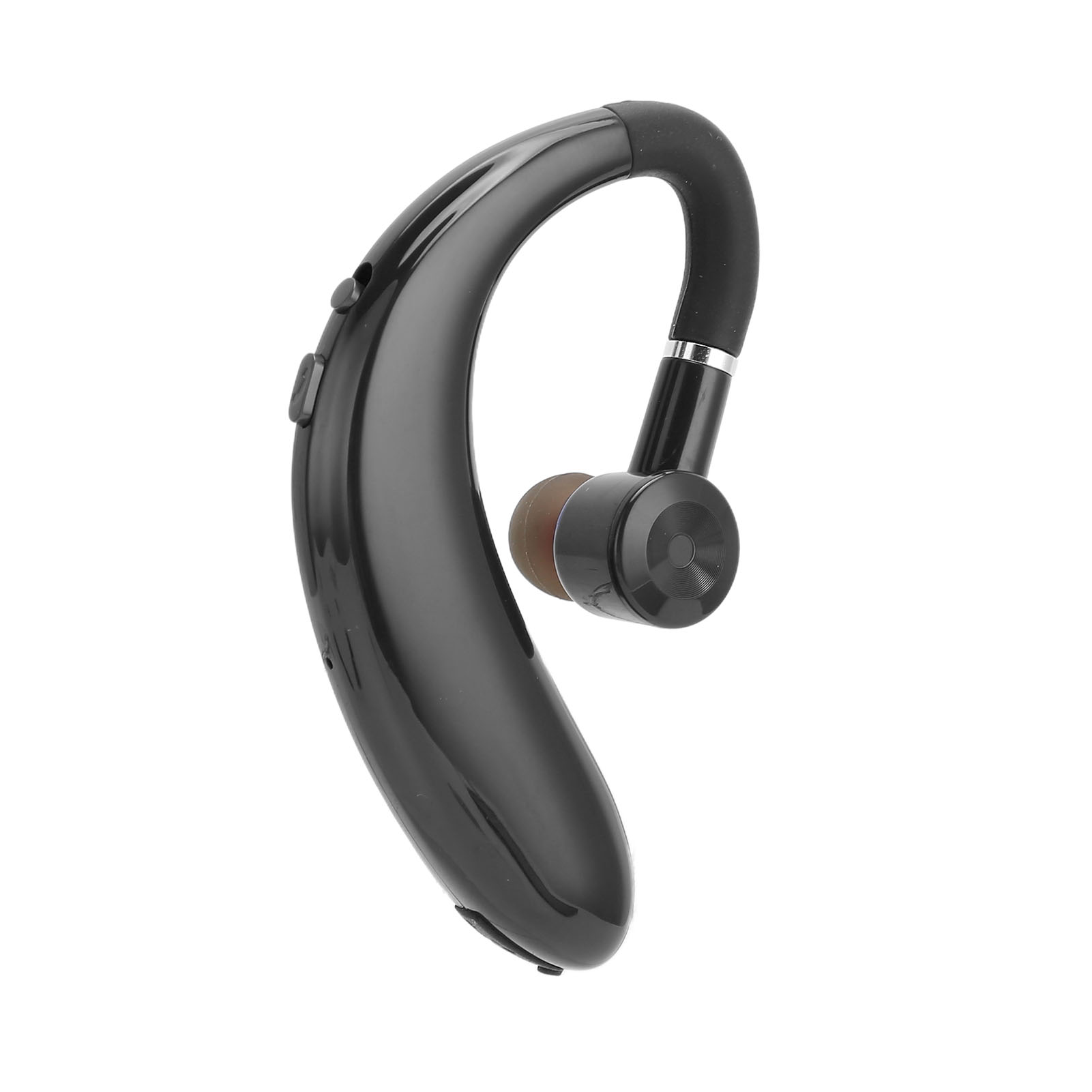 Schwarzes Bluetooth-Headset. Es hat ein geschwungenes Design und einen einzelnen Ohrhörer. Der Hintergrund ist weiß.